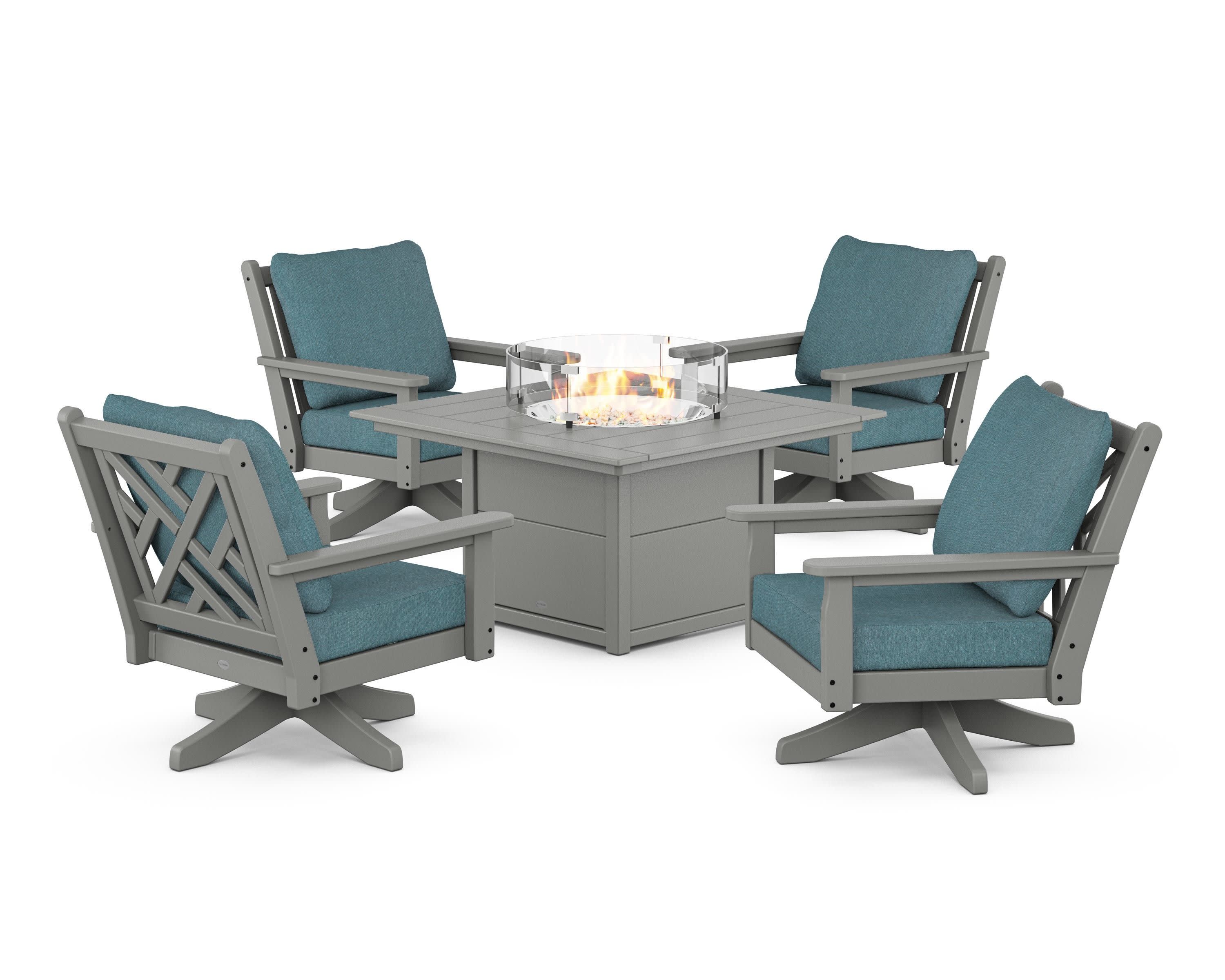 Chippendale 5-Piece Deep Seating Swivel Conversation Set with Fire Pit Table in Slate Grey / Ocean Teal