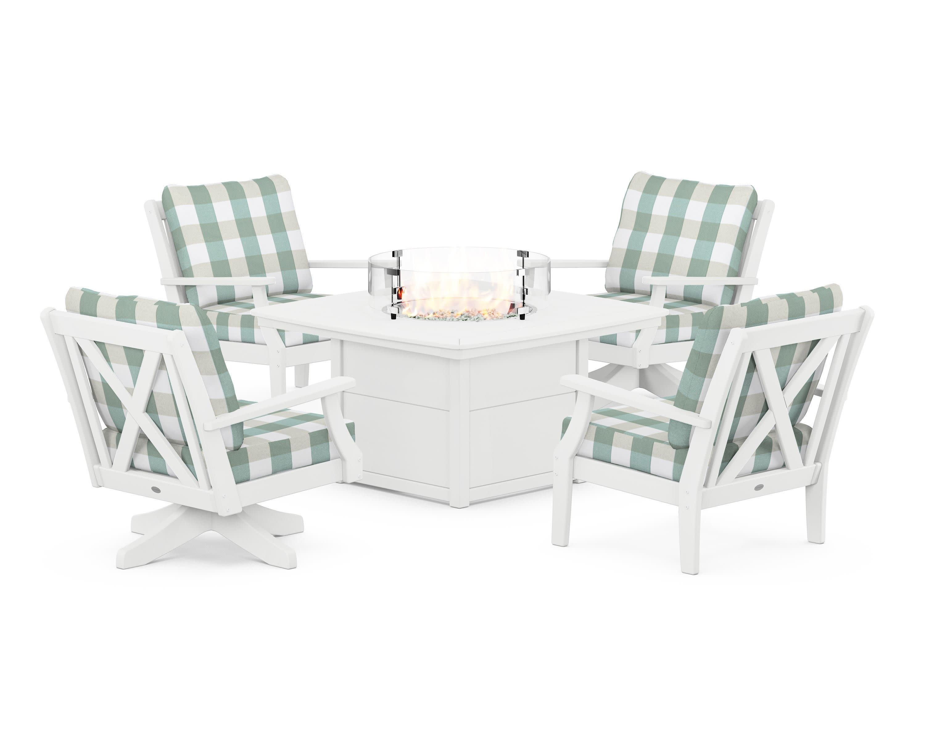 Braxton 5-Piece Deep Seating Set with Fire Table in White / Buffalo Plaid Glacier Spa