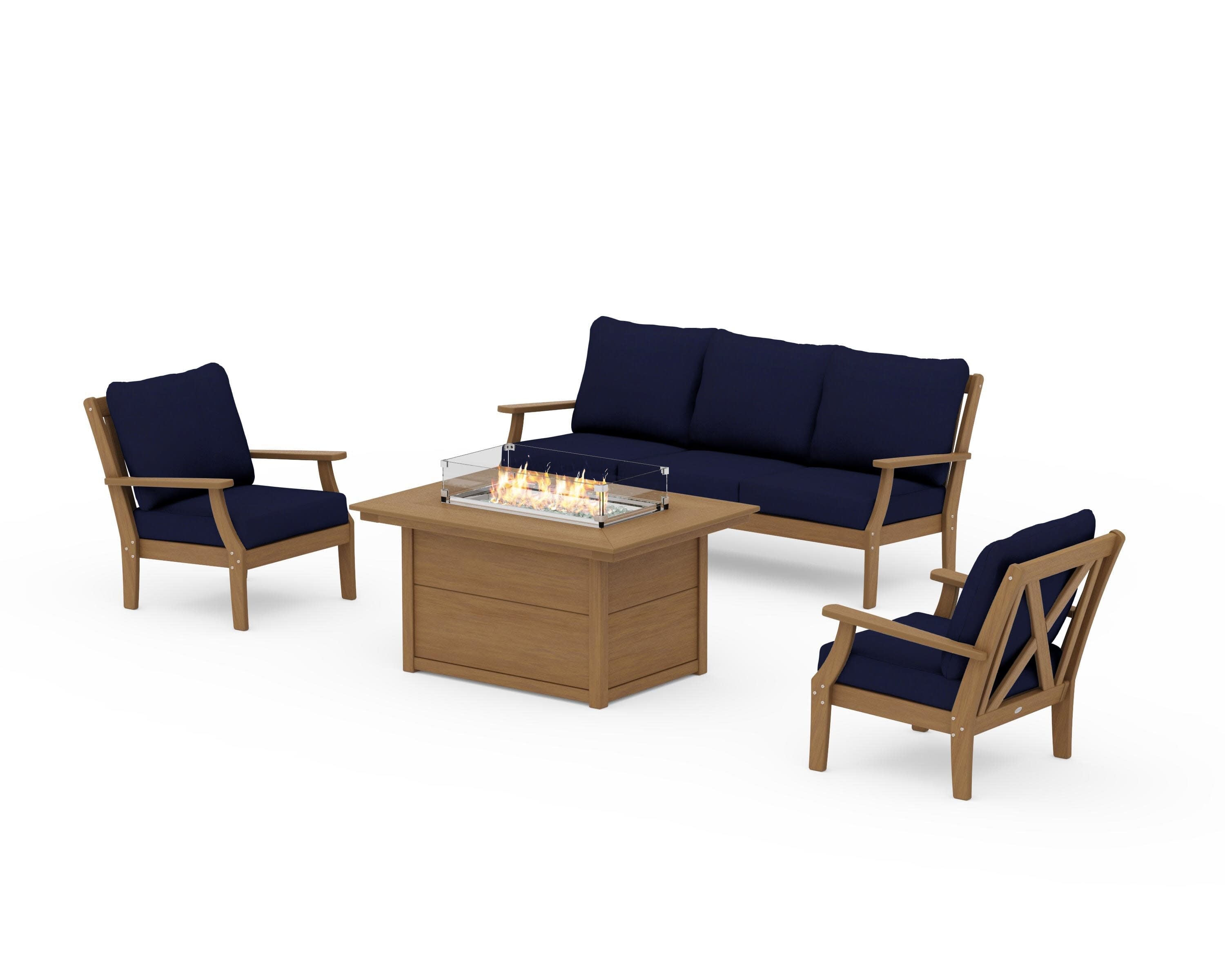 Braxton Deep Seating Fire Pit Table Set in Natural / Navy