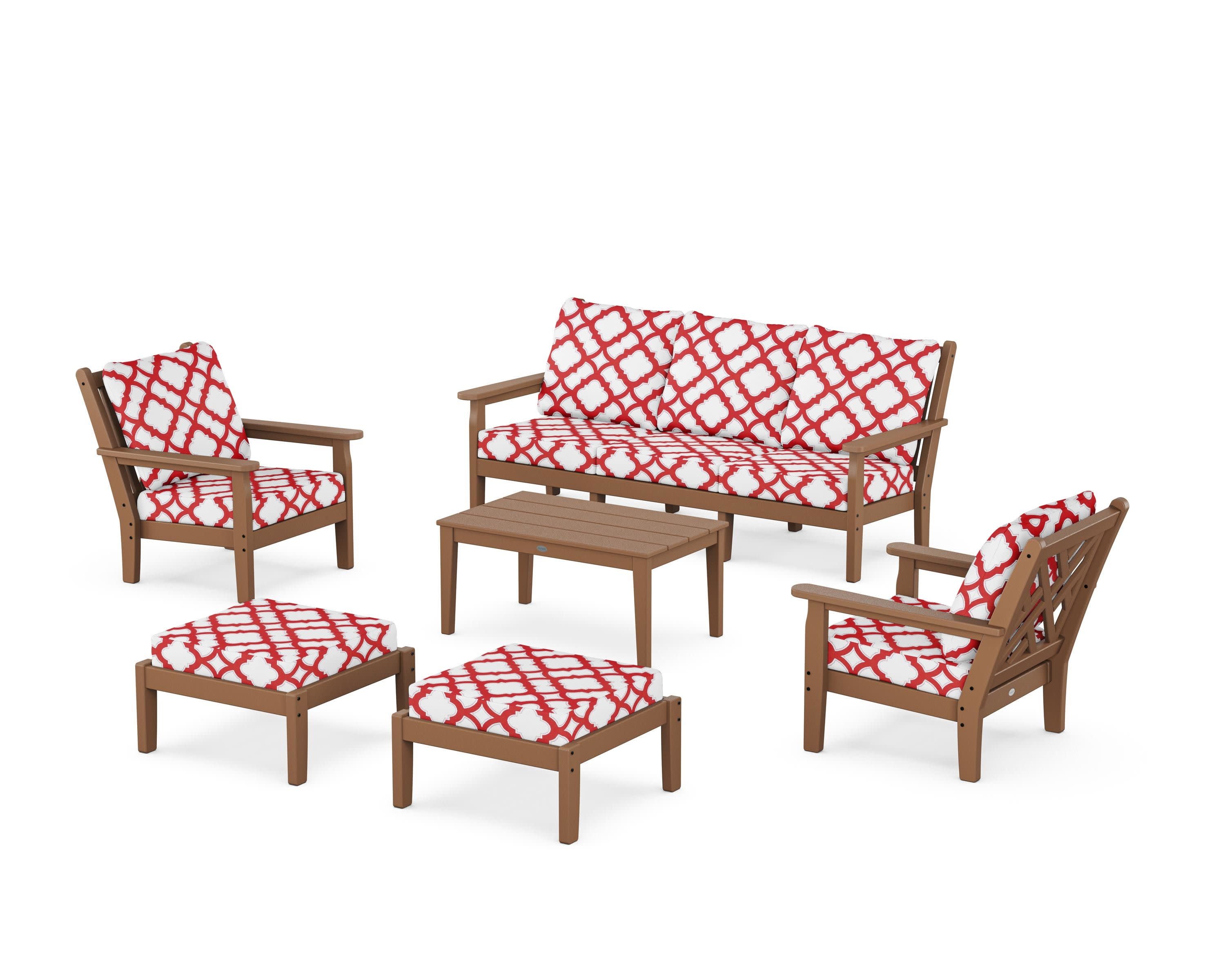 Chippendale 6-Piece Lounge Sofa Set in Teak / Trellis Crimson