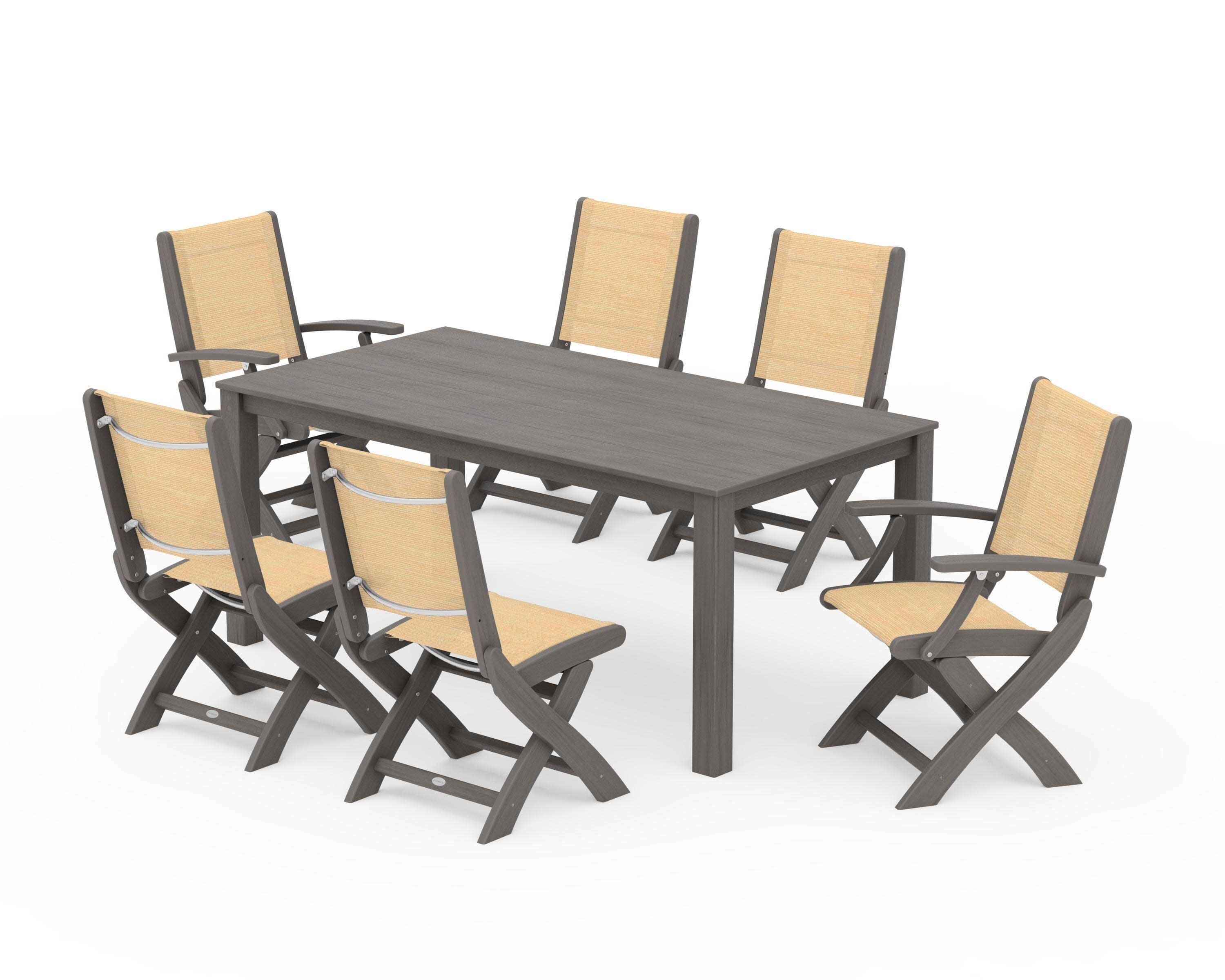 Coastal Folding Chair 7-Piece Parsons Dining Set in Driftwood / Dupioni Apricot Sling
