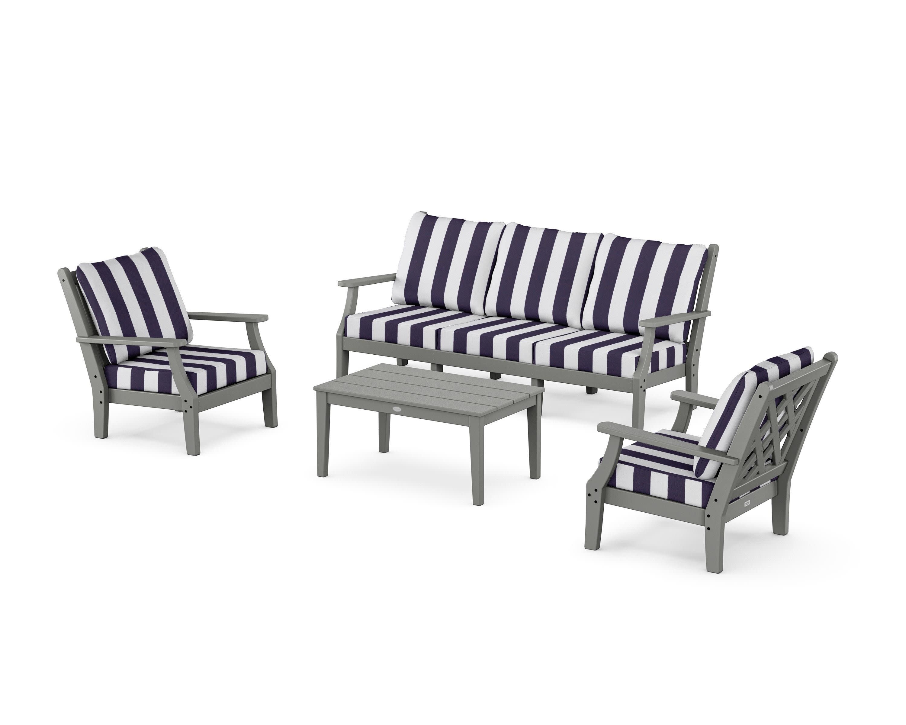 Wovendale 4-Piece Deep Seating Set with Sofa in Slate Grey / Cabana Stripe Navy