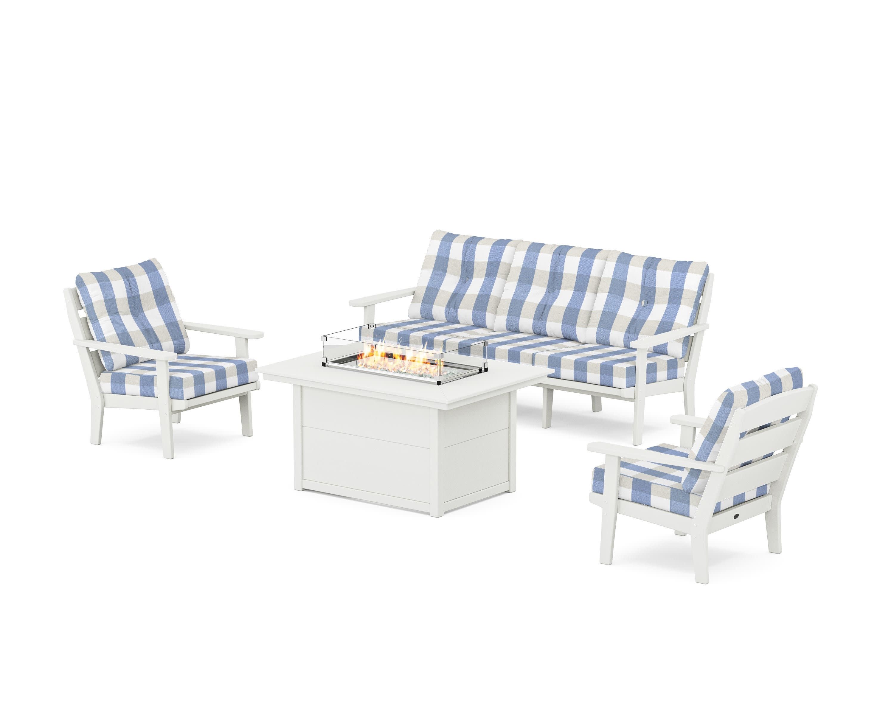 Lakeside Deep Seating Fire Pit Table Set in Vintage White / Buffalo Plaid Sky Blue