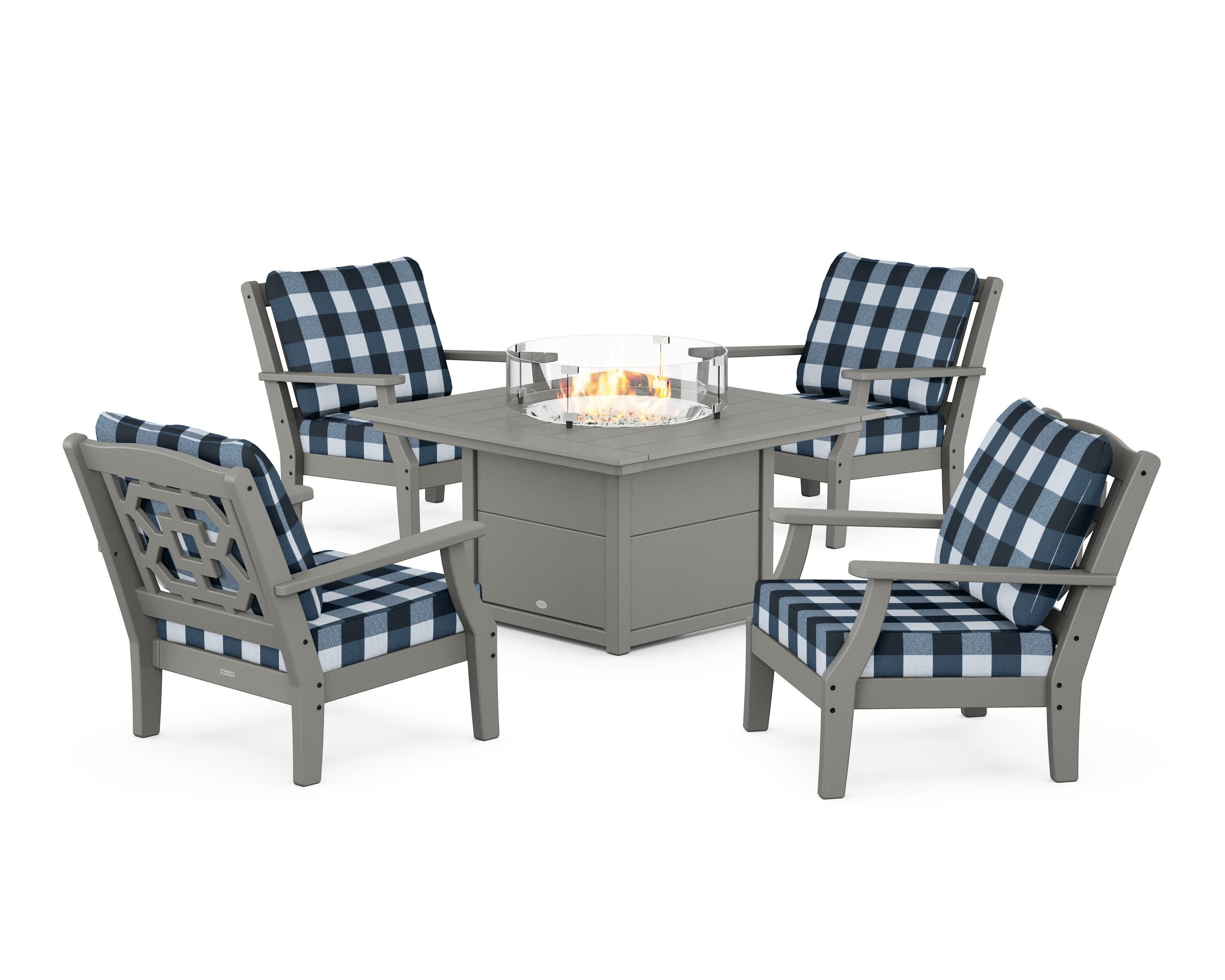 Chinoiserie 5-Piece Deep Seating Set with Fire Pit Table in Slate Grey / Buffalo Plaid Marine Indigo