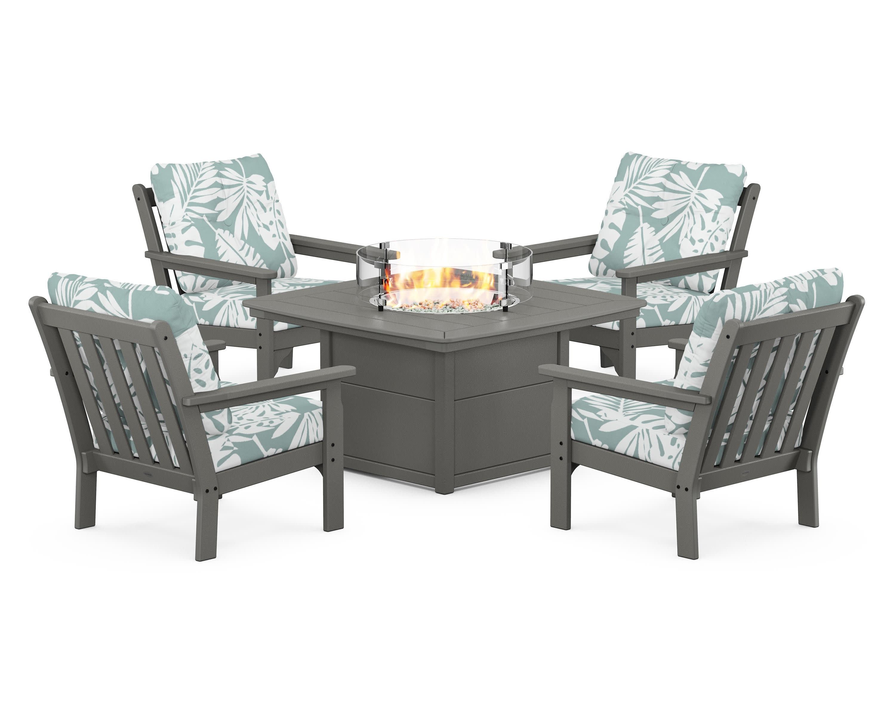 Vineyard 5-Piece Conversation Set with Fire Pit Table in Slate Grey / Leaf Glacier Spa