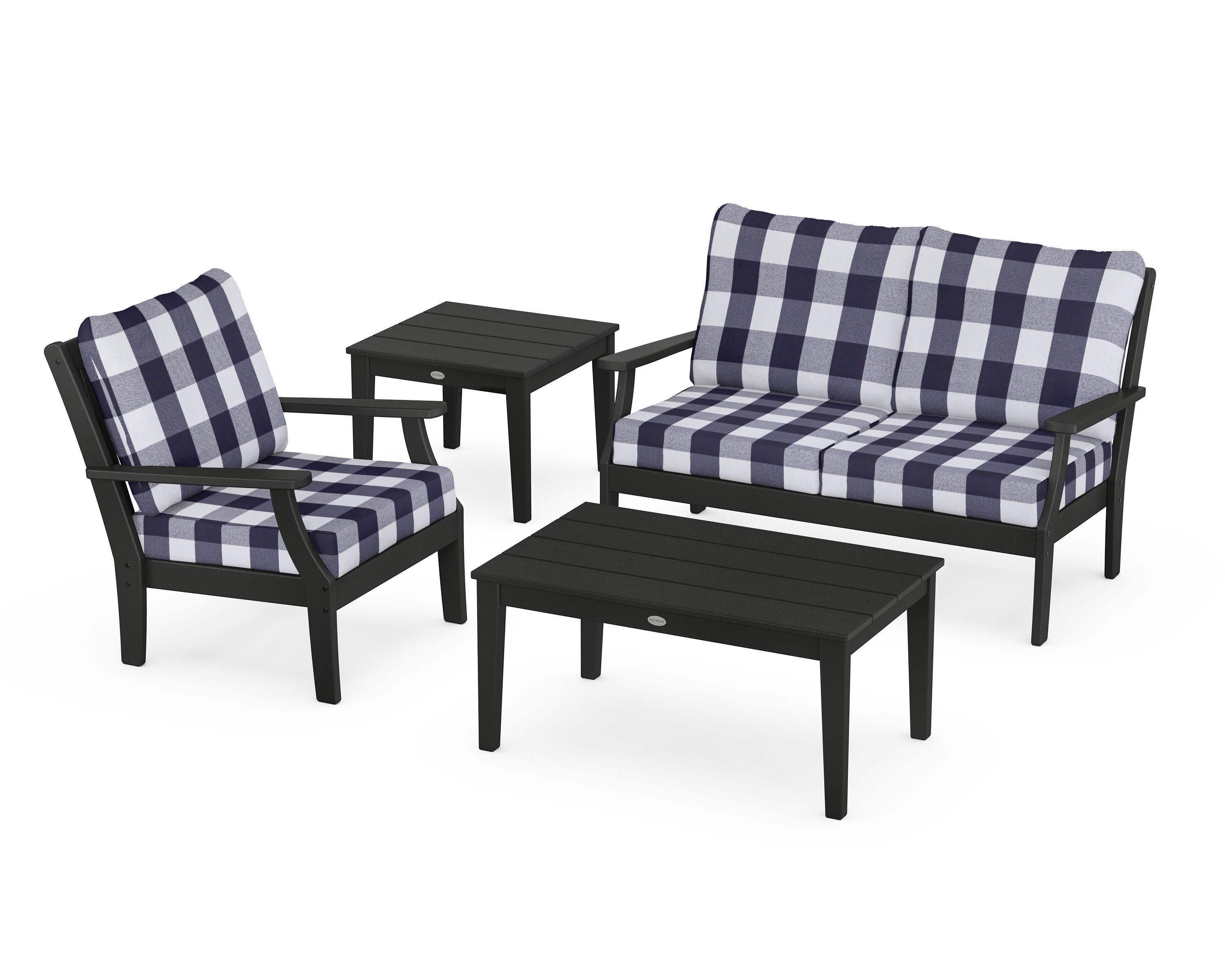 Braxton 4-Piece Deep Seating Set in Black / Buffalo Plaid Navy
