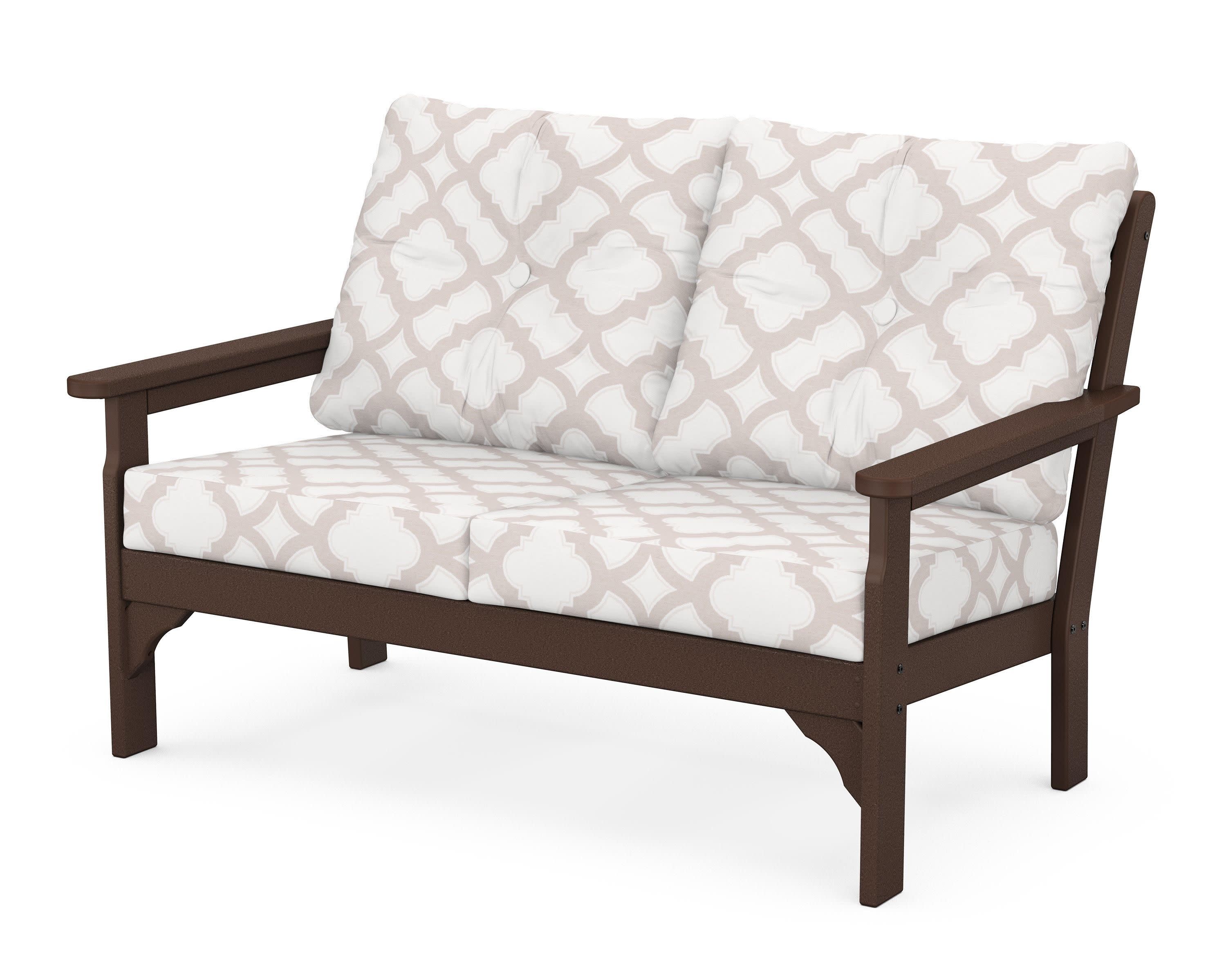 Vineyard Deep Seating Loveseat in Mahogany / Trellis Dune Burlap