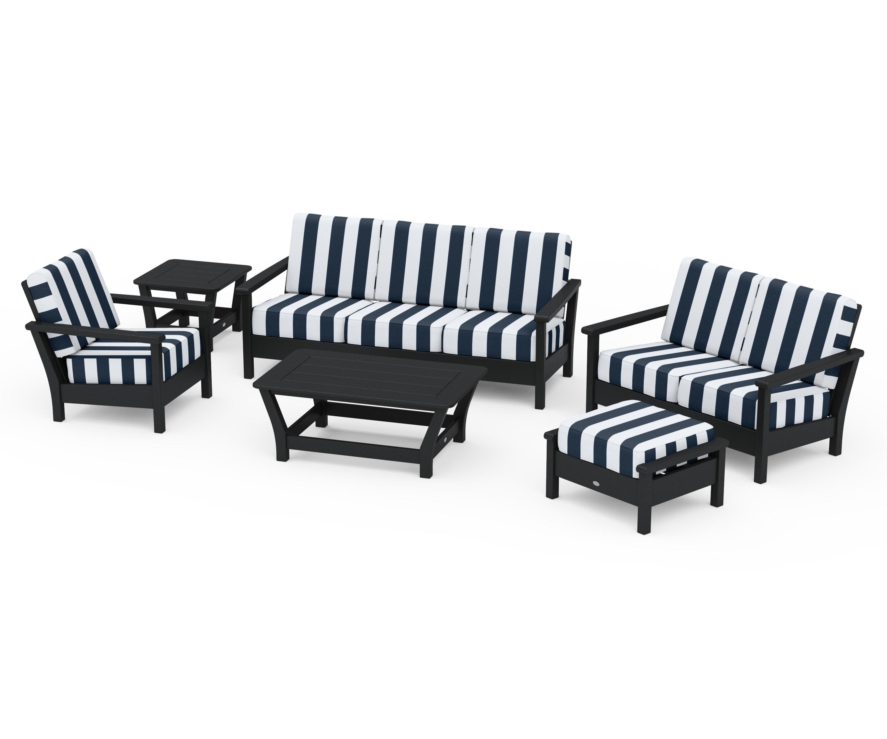 Harbour 6-Piece Outdoor Living Set in Black / Cabana Stripe Marine Indigo