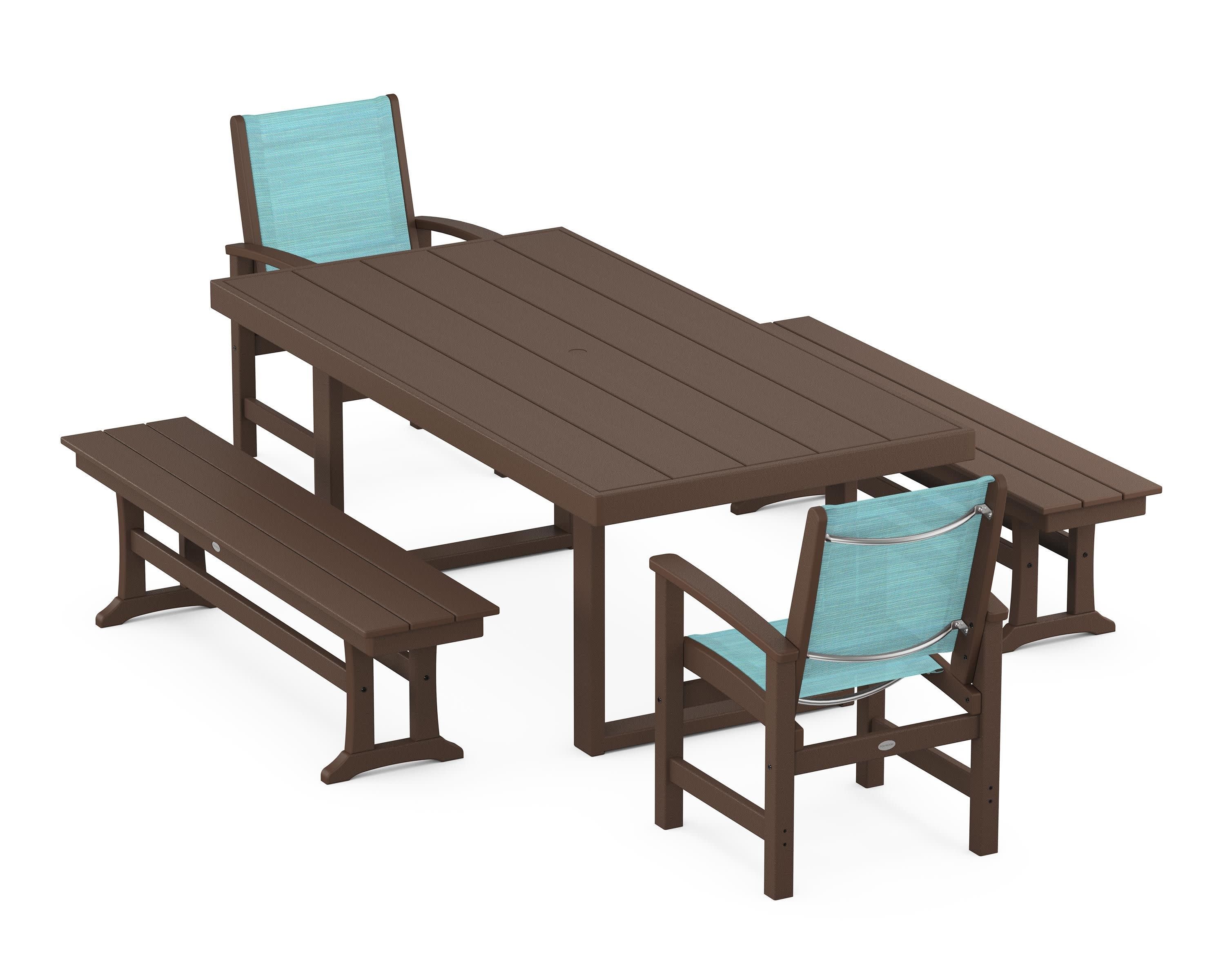 Coastal 5-Piece Dining Set with Trestle Legs in Mahogany / Dupioni Aquamarine Sling