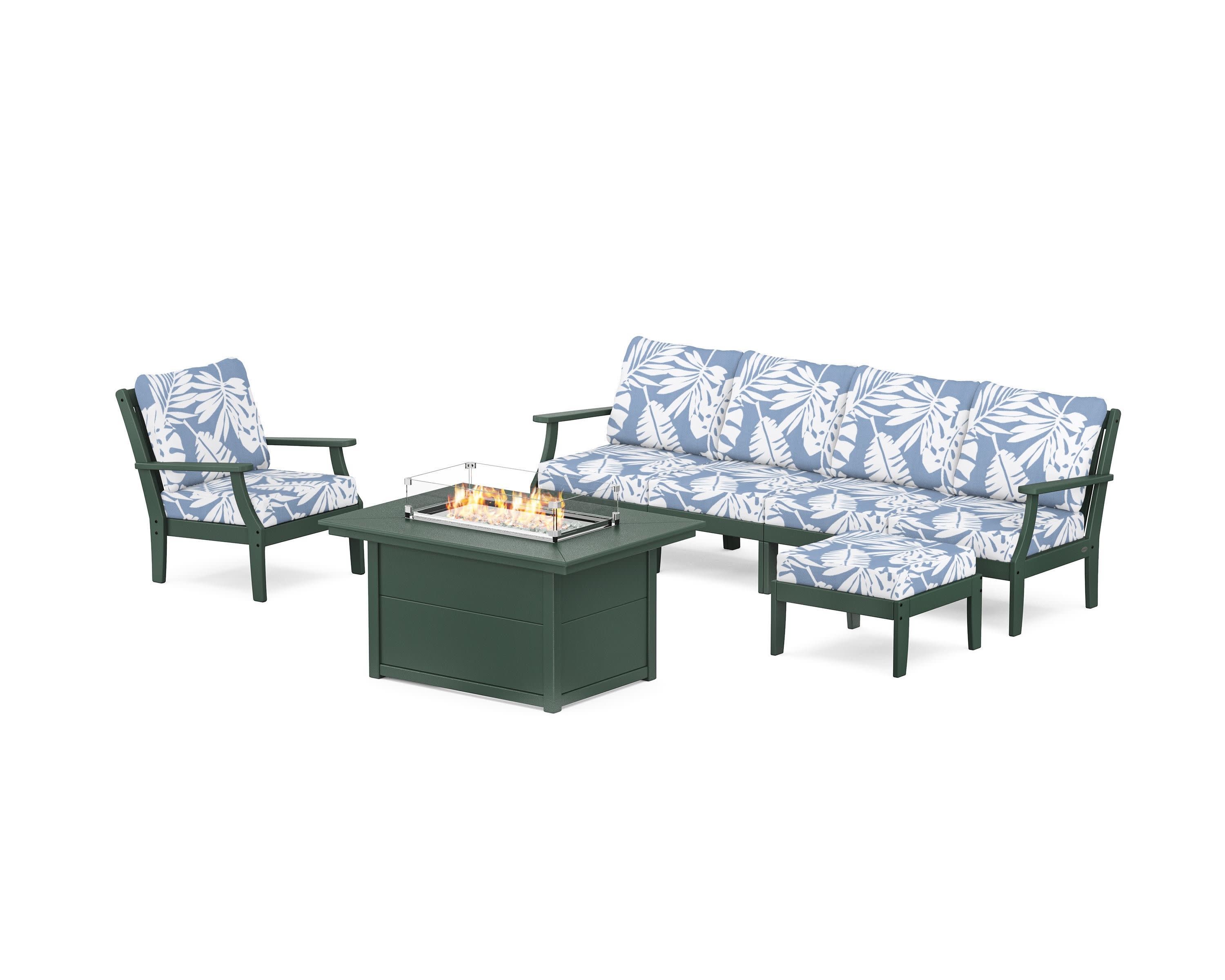Braxton Sectional Lounge and Fire Pit Set in Green / Leaf Sky Blue