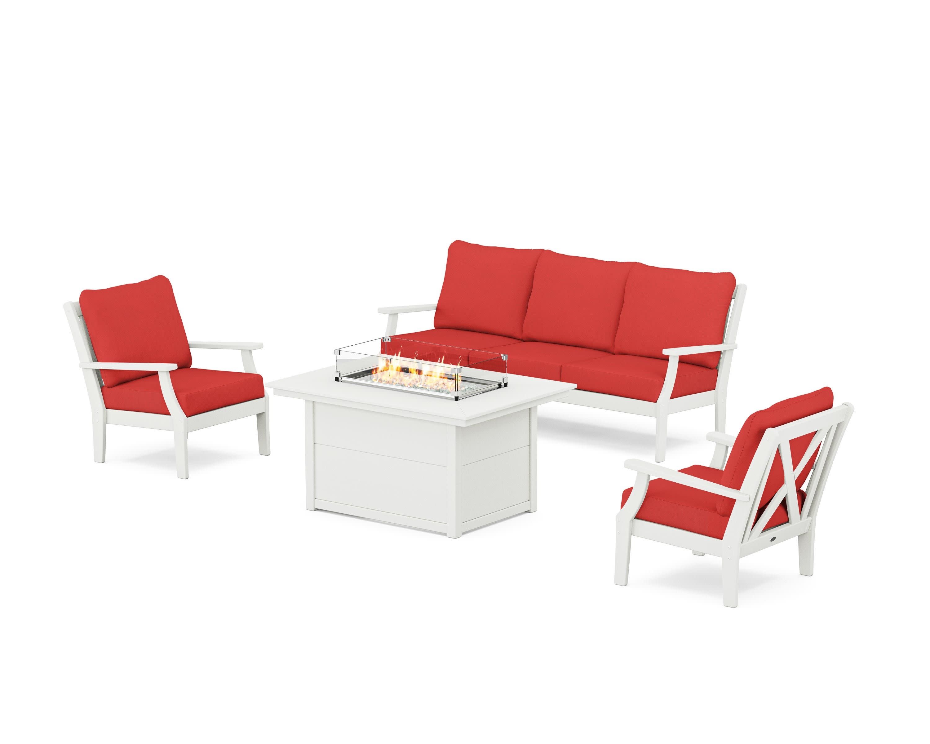 Braxton Deep Seating Fire Pit Table Set in Vintage White / Crimson Linen