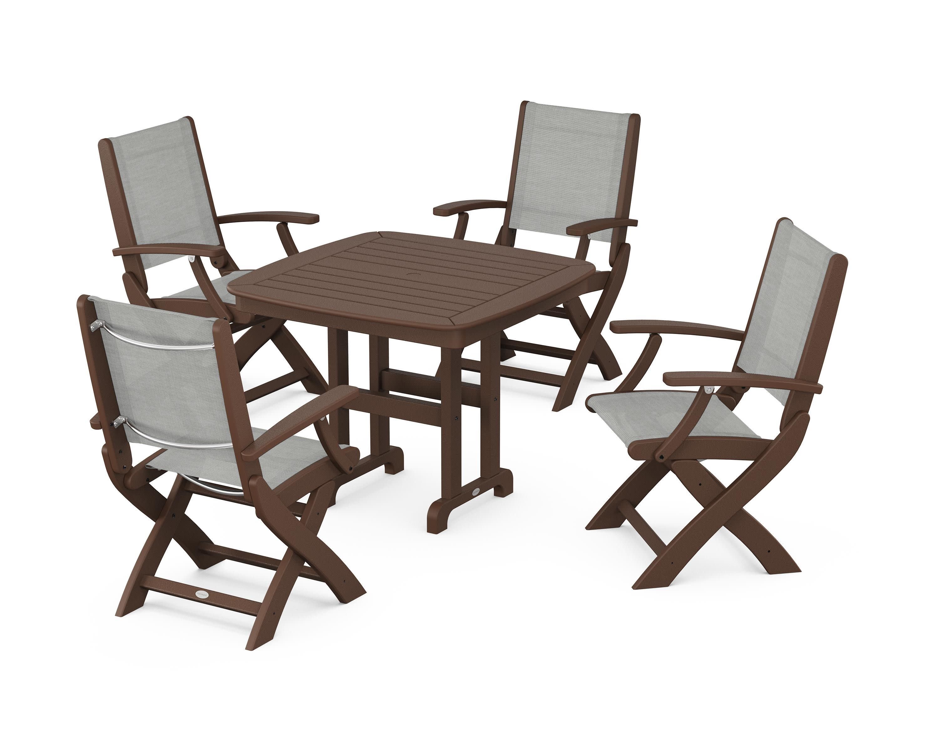 Coastal Folding Chair 5-Piece Dining Set in Mahogany / Metallic Sling