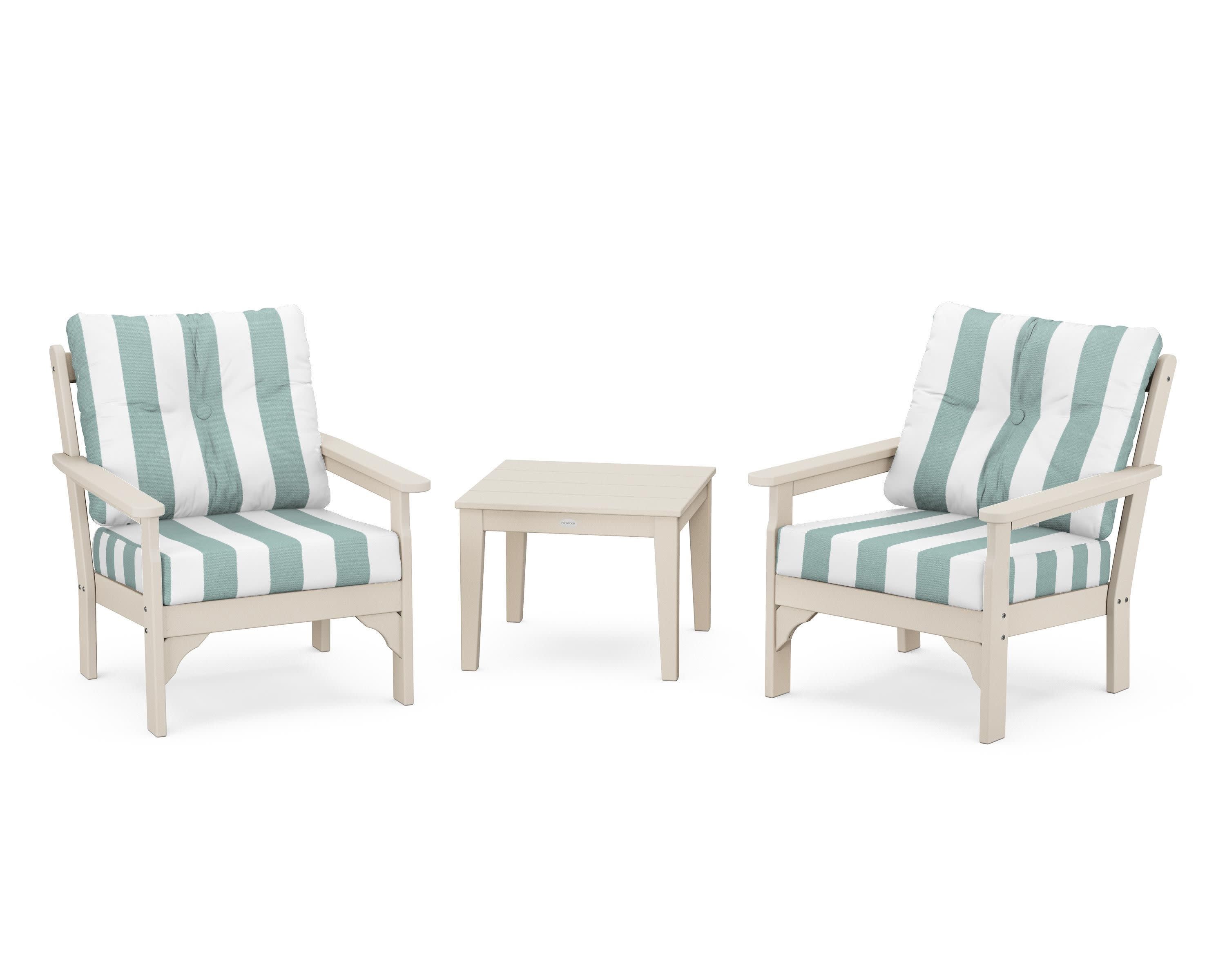 Vineyard 3-Piece Deep Seating Set in Sand / Cabana Stripe Glacier Spa