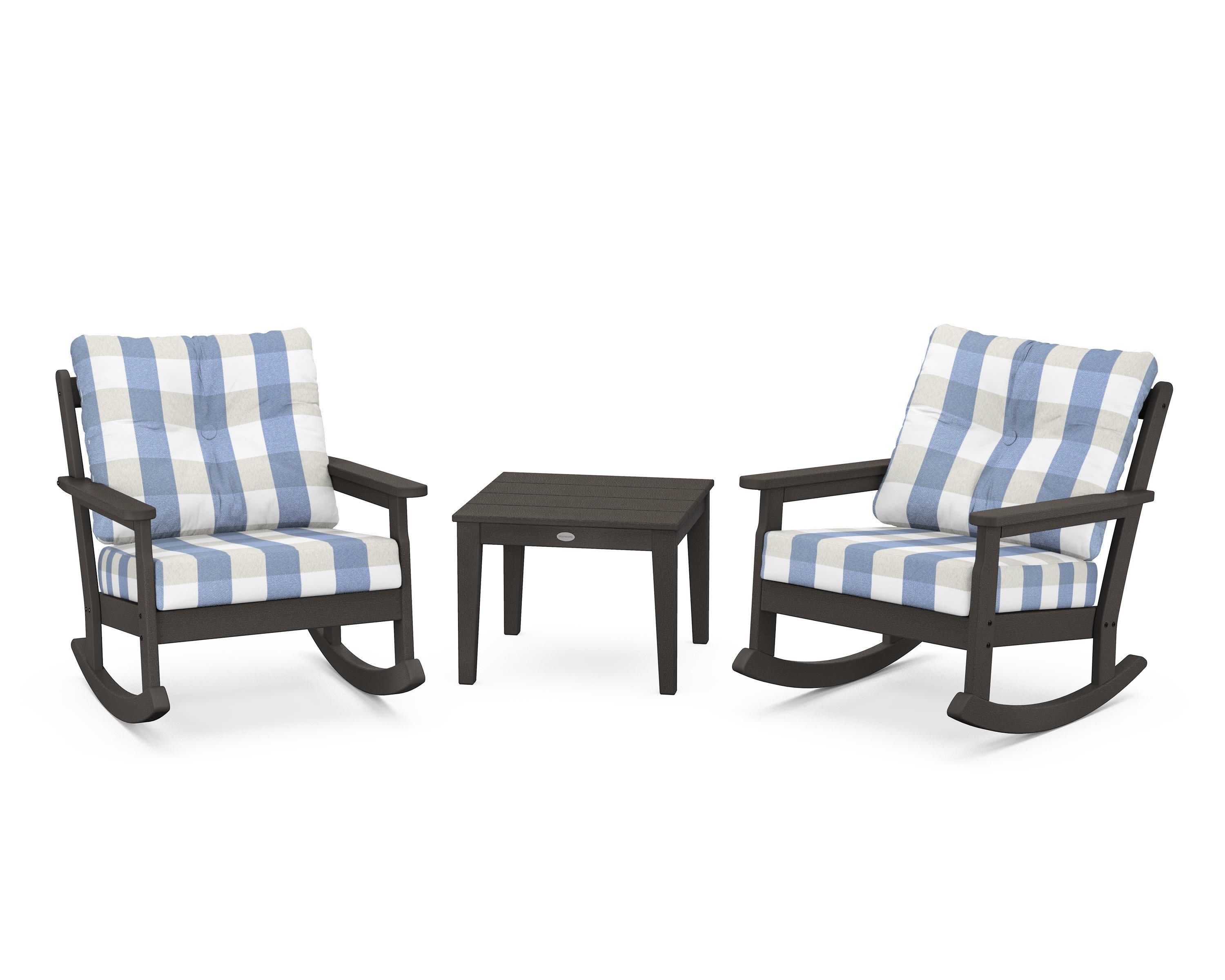 Vineyard 3-Piece Deep Seating Rocker Set in Vintage Coffee / Buffalo Plaid Sky Blue