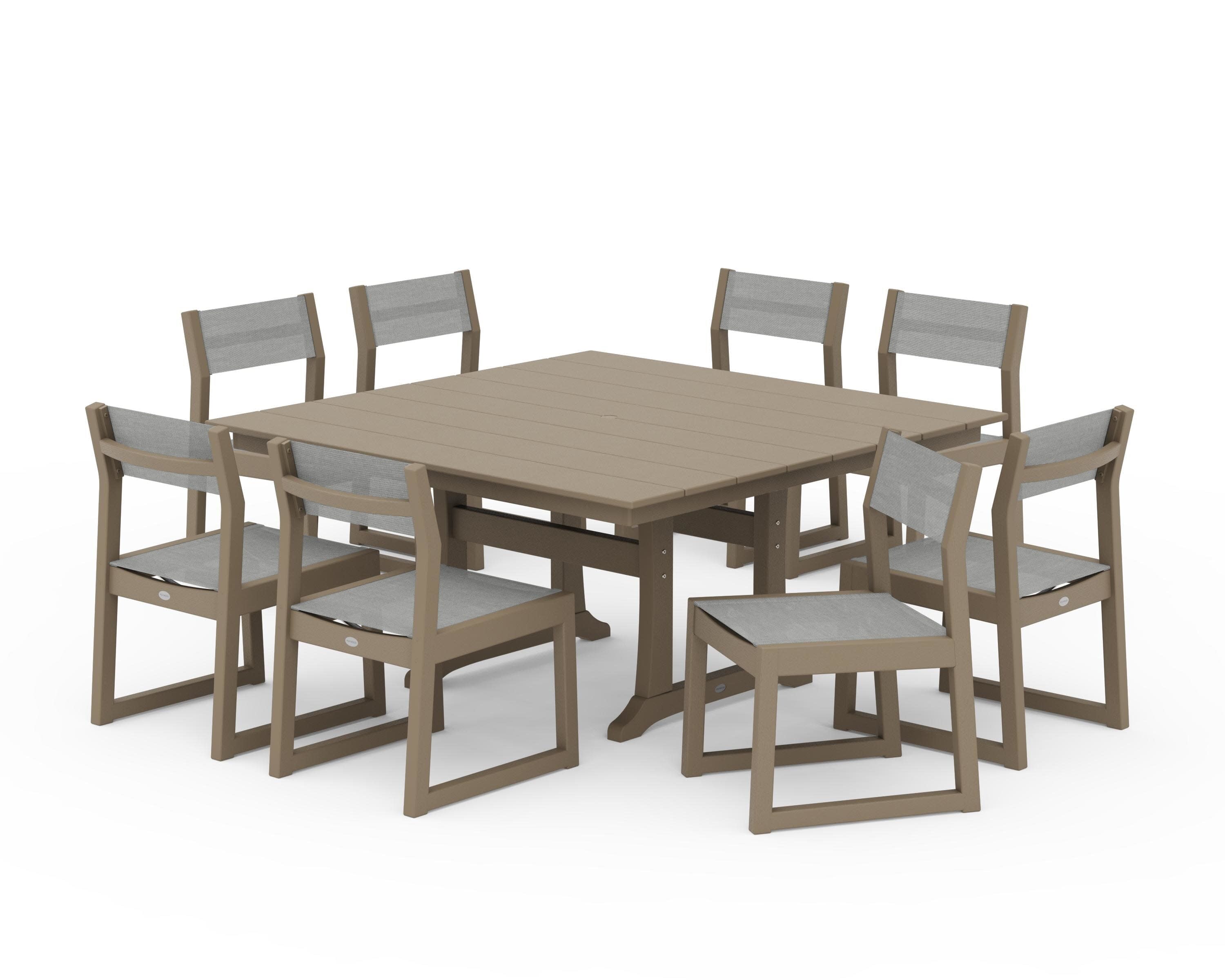 EDGE Sling Side Chair 9-Piece Farmhouse Trestle Dining Set in Vintage Sahara / Metallic Sling