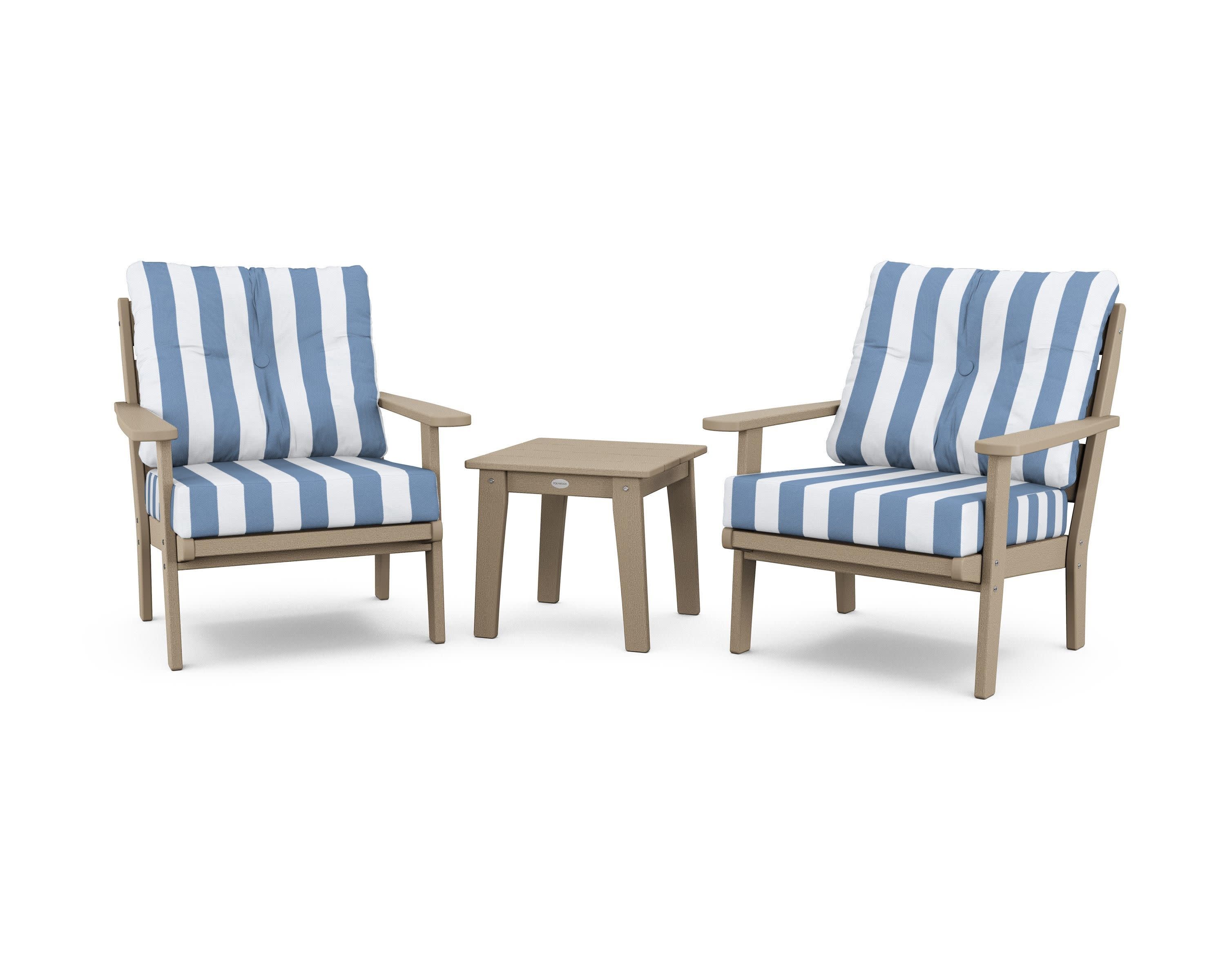 Lakeside 3-Piece Deep Seating Chair Set in Vintage Sahara / Cabana Stripe Sky Blue