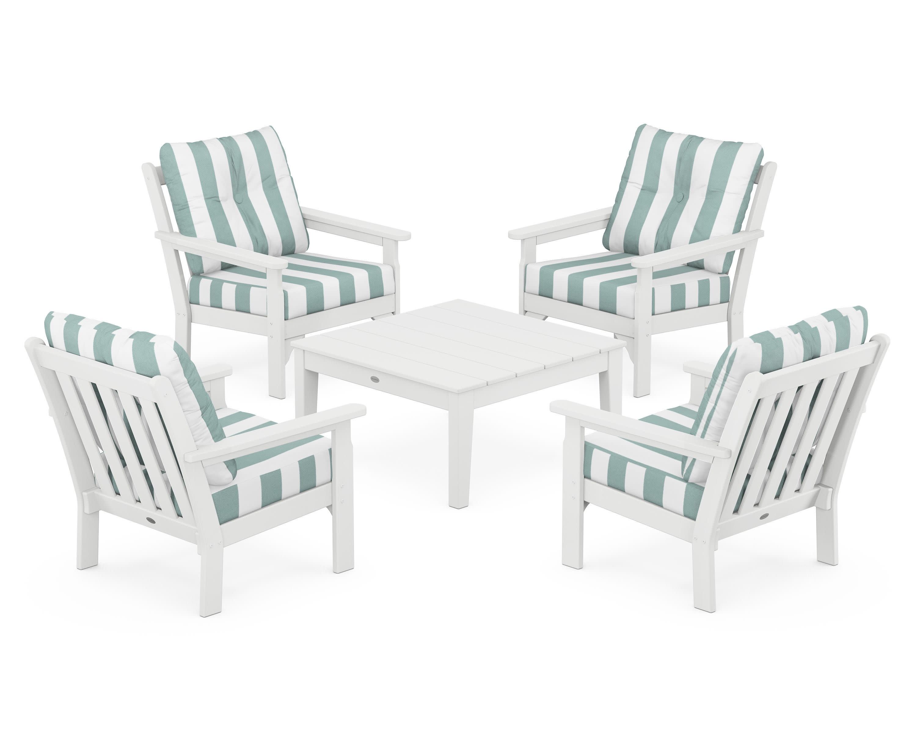 Vineyard 5-Piece Deep Seating Conversation Set in White / Cabana Stripe Glacier Spa