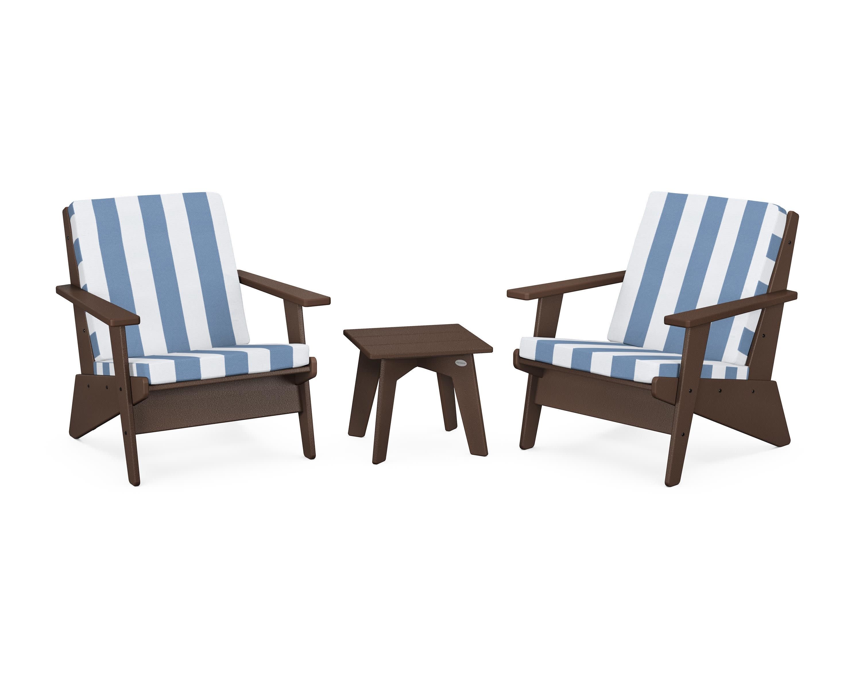 Riviera Modern Lounge 3-Piece Set in Mahogany / Cabana Stripe Sky Blue