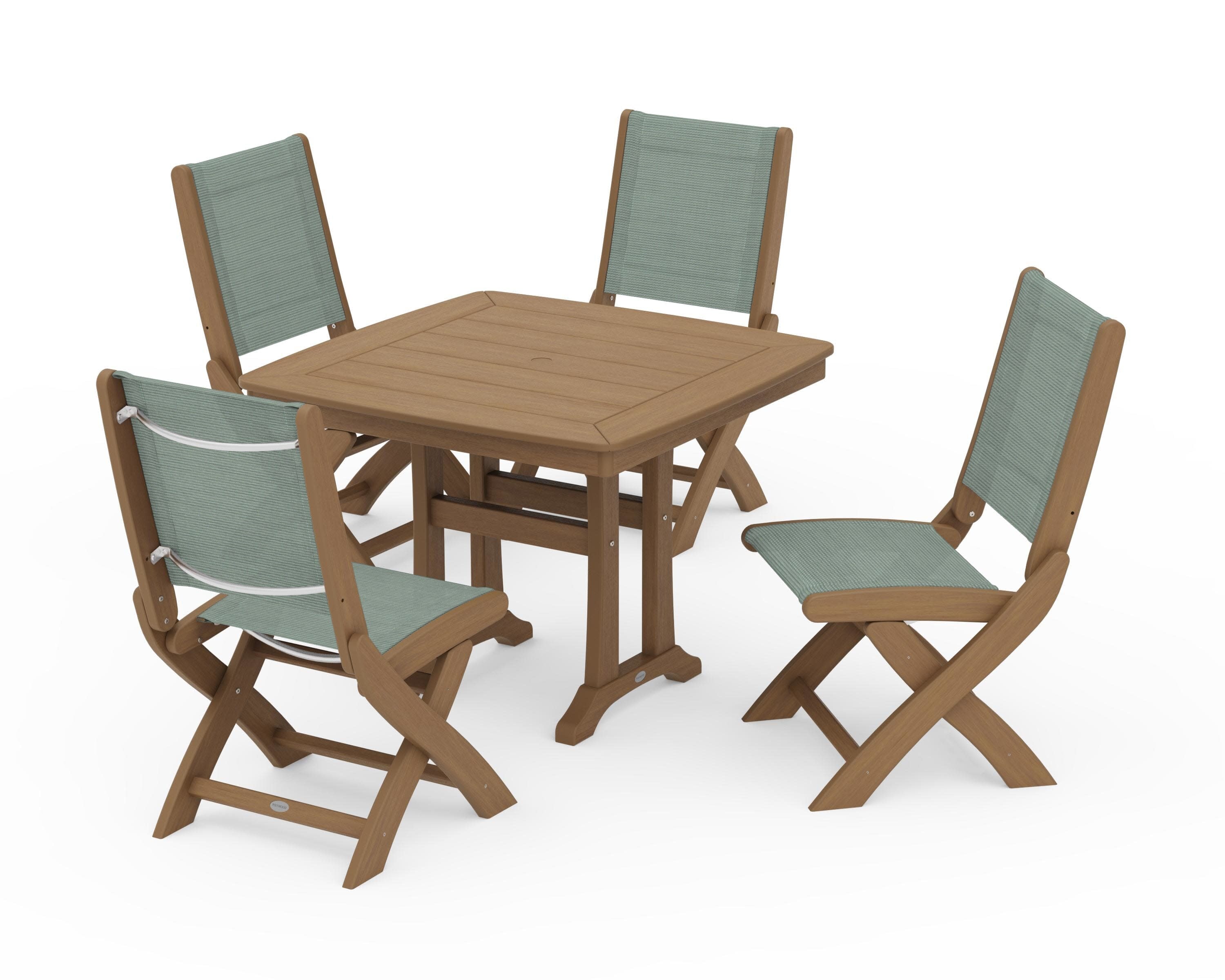 Coastal Folding Side Chair 5-Piece Dining Set with Trestle Legs in Natural / Dupioni Sea Mist Sling