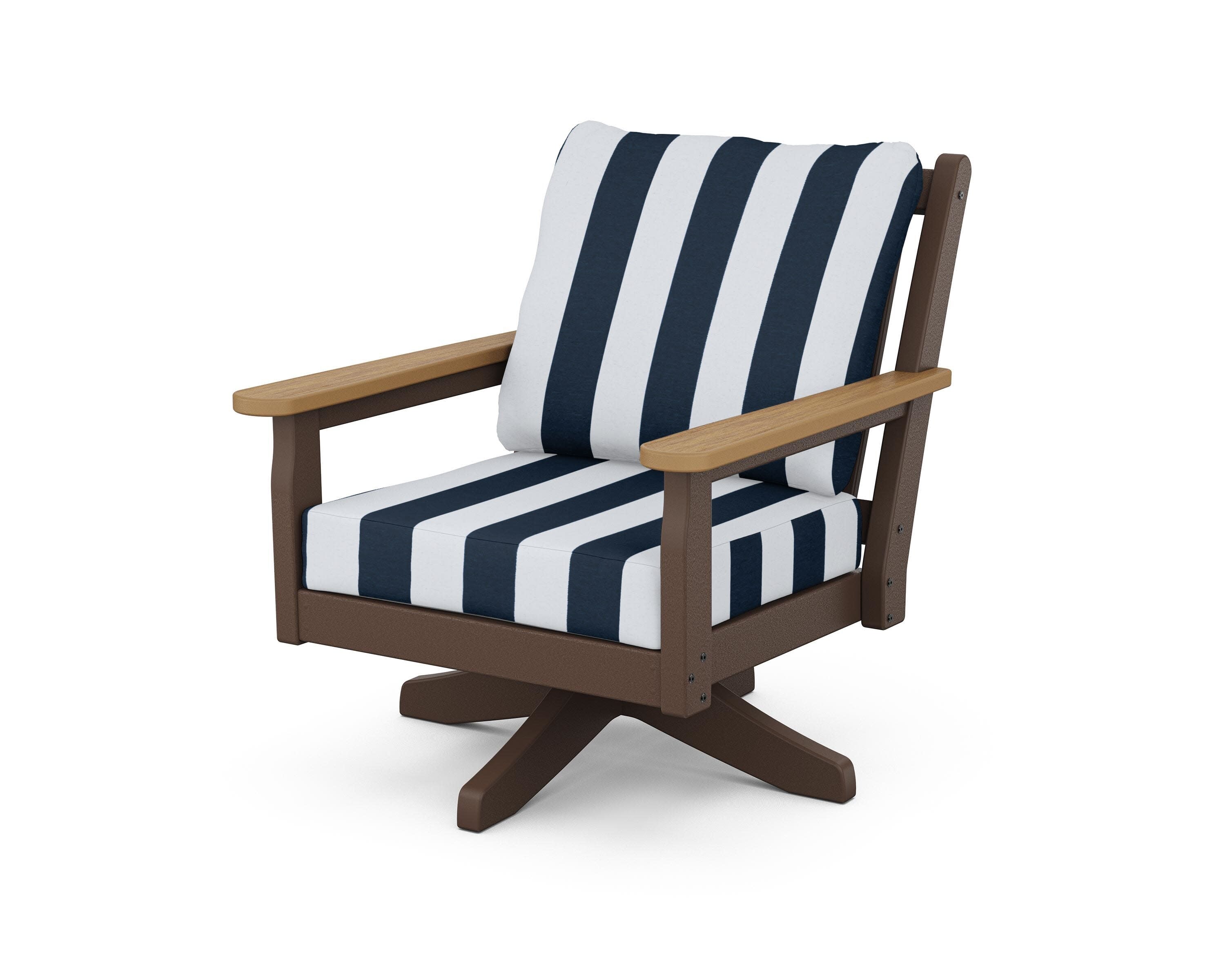 Chippendale Deep Seating Swivel Chair in Mahogany / Natural / Cabana Stripe Marine Indigo