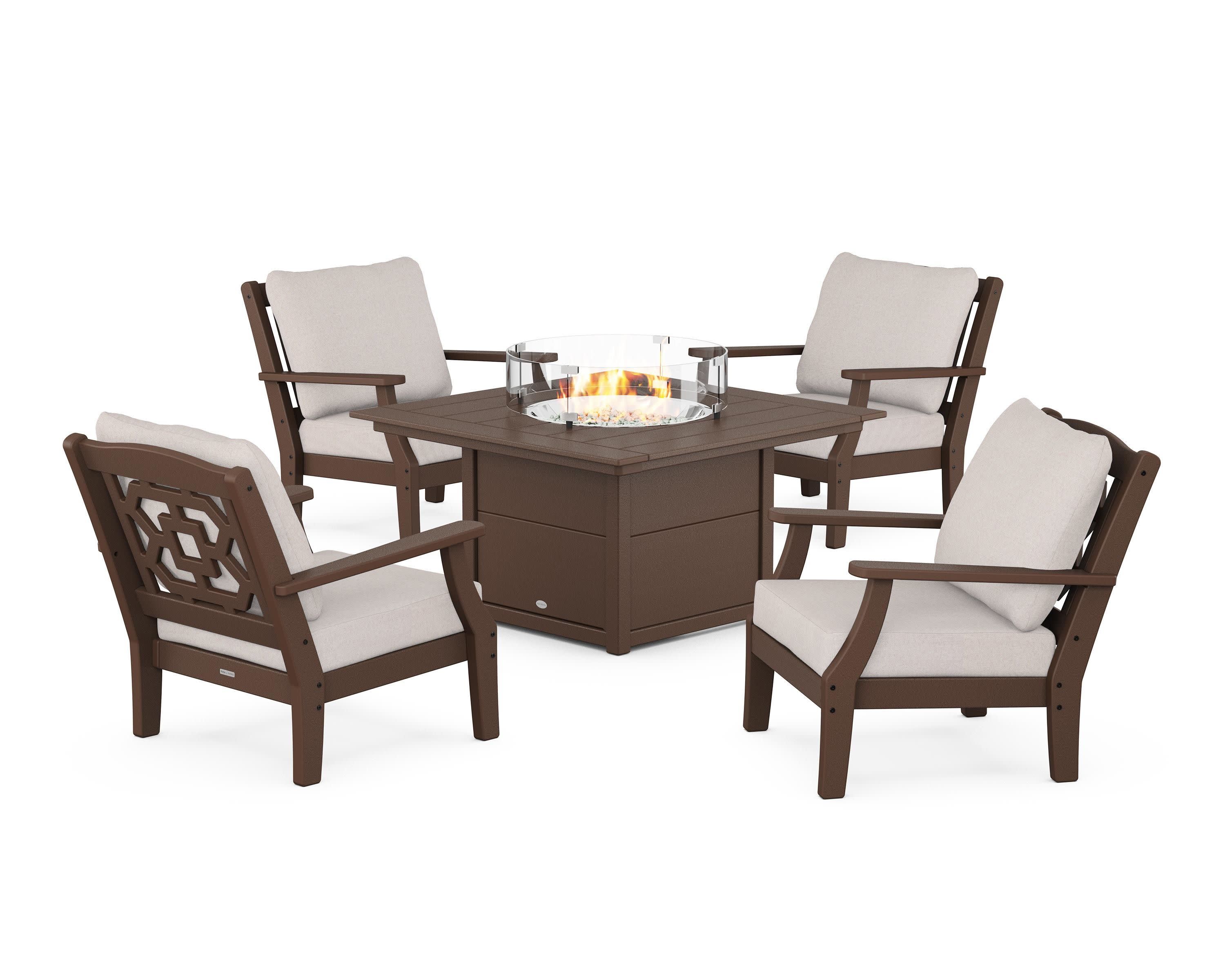 Chinoiserie 5-Piece Deep Seating Set with Fire Pit Table in Mahogany / Dune Burlap