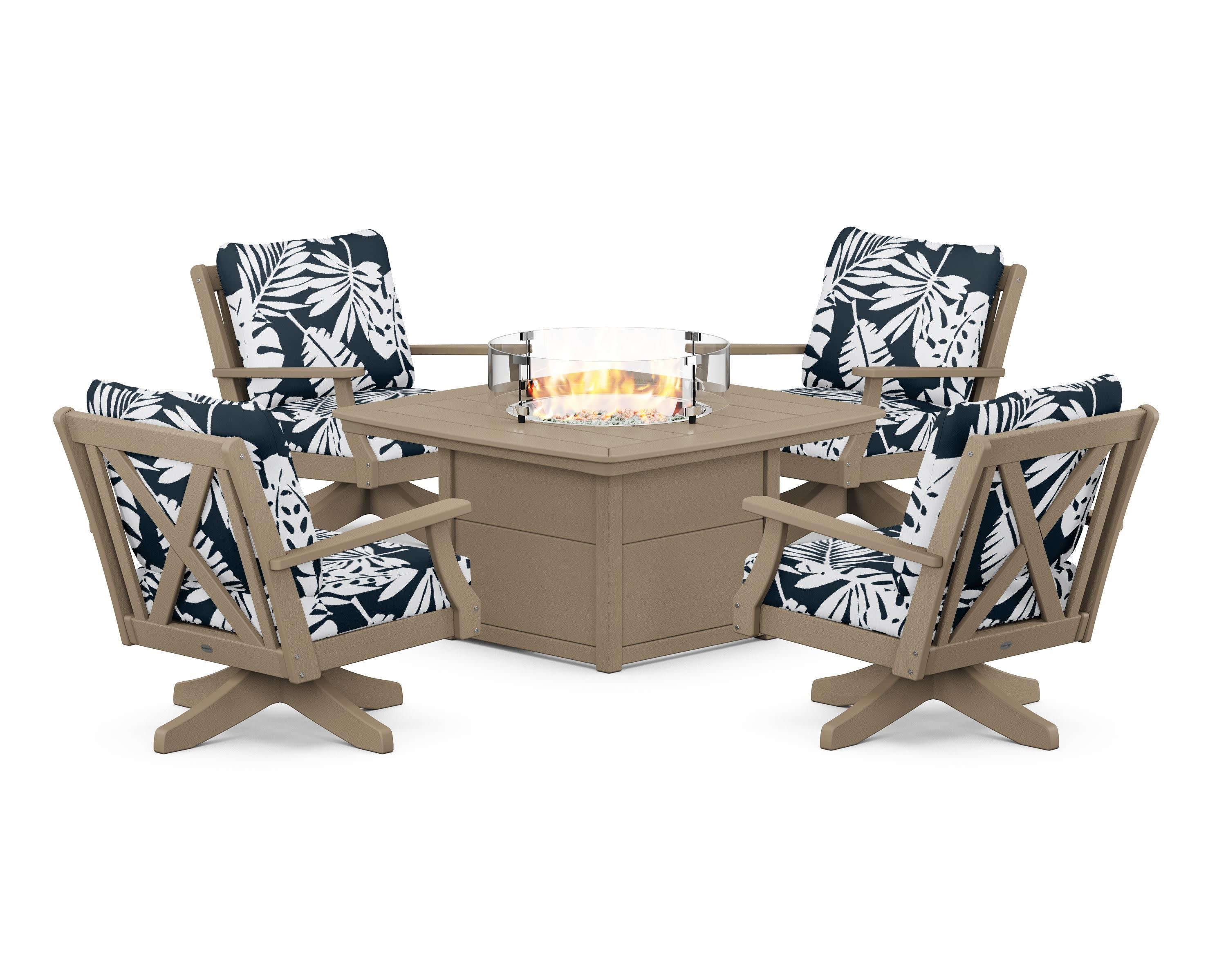 Braxton 5-Piece Deep Seating Swivel Conversation Set with Fire Pit Table in Vintage Sahara / Leaf Marine Indigo