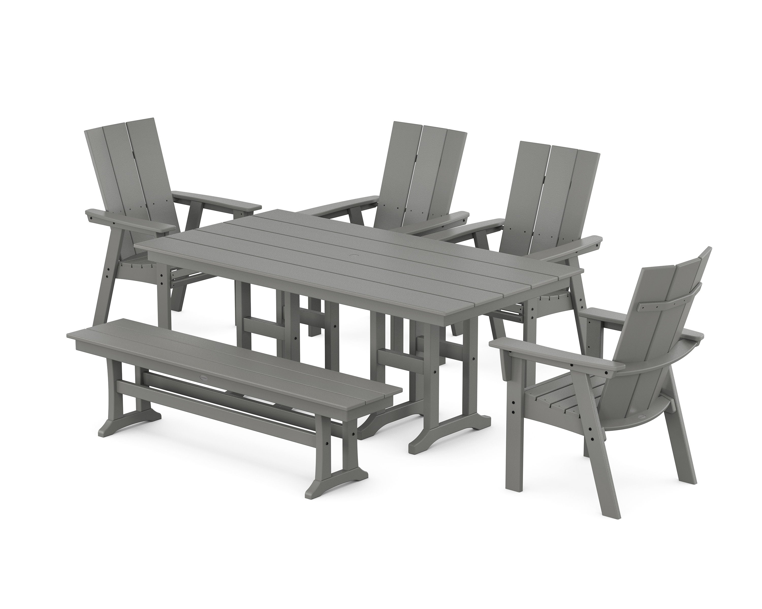 Modern Curveback Adirondack 6-Piece Farmhouse Dining Set with Bench in Slate Grey