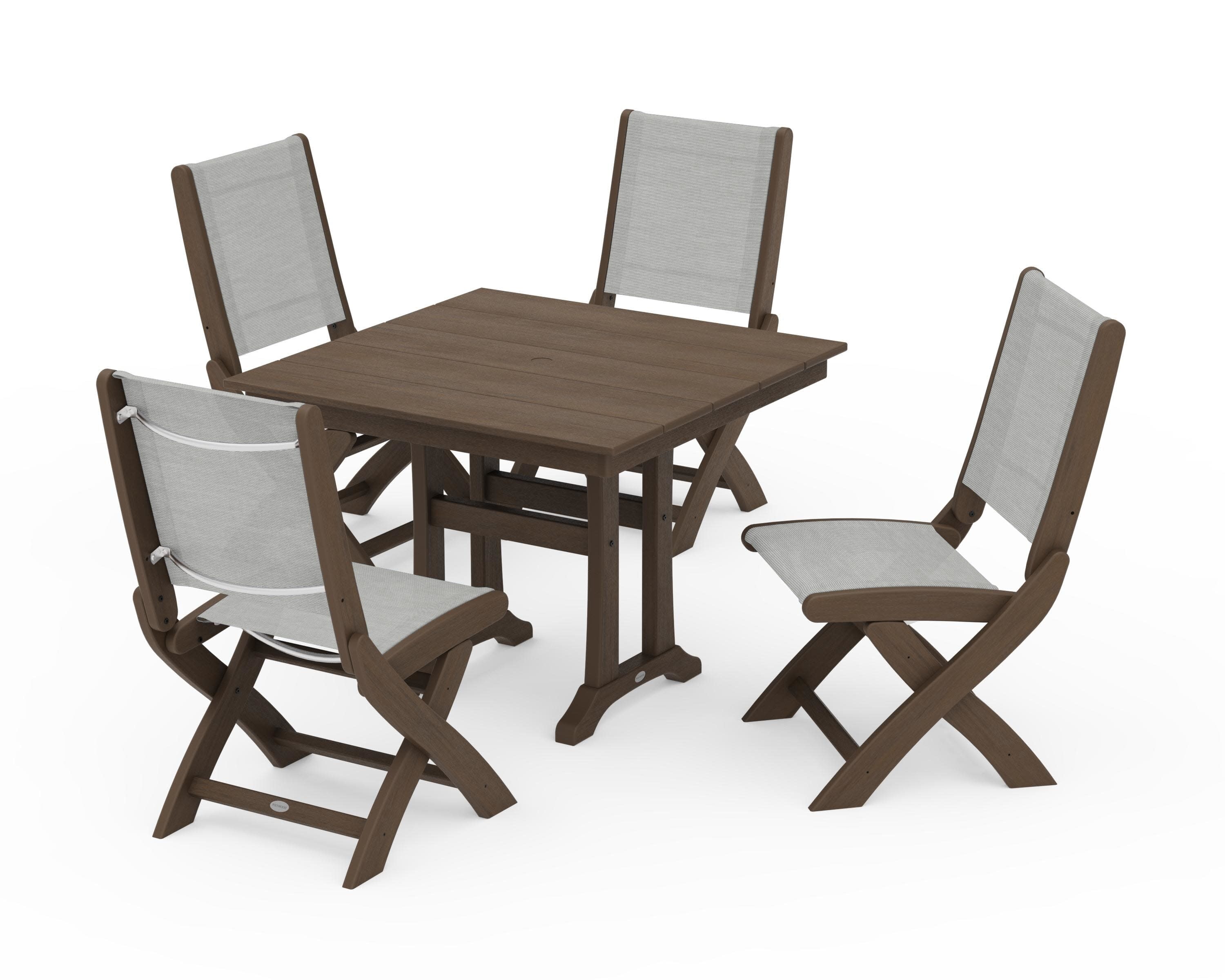 Coastal Folding Side Chair 5-Piece Farmhouse Dining Set With Trestle Legs in Kona / Metallic Sling