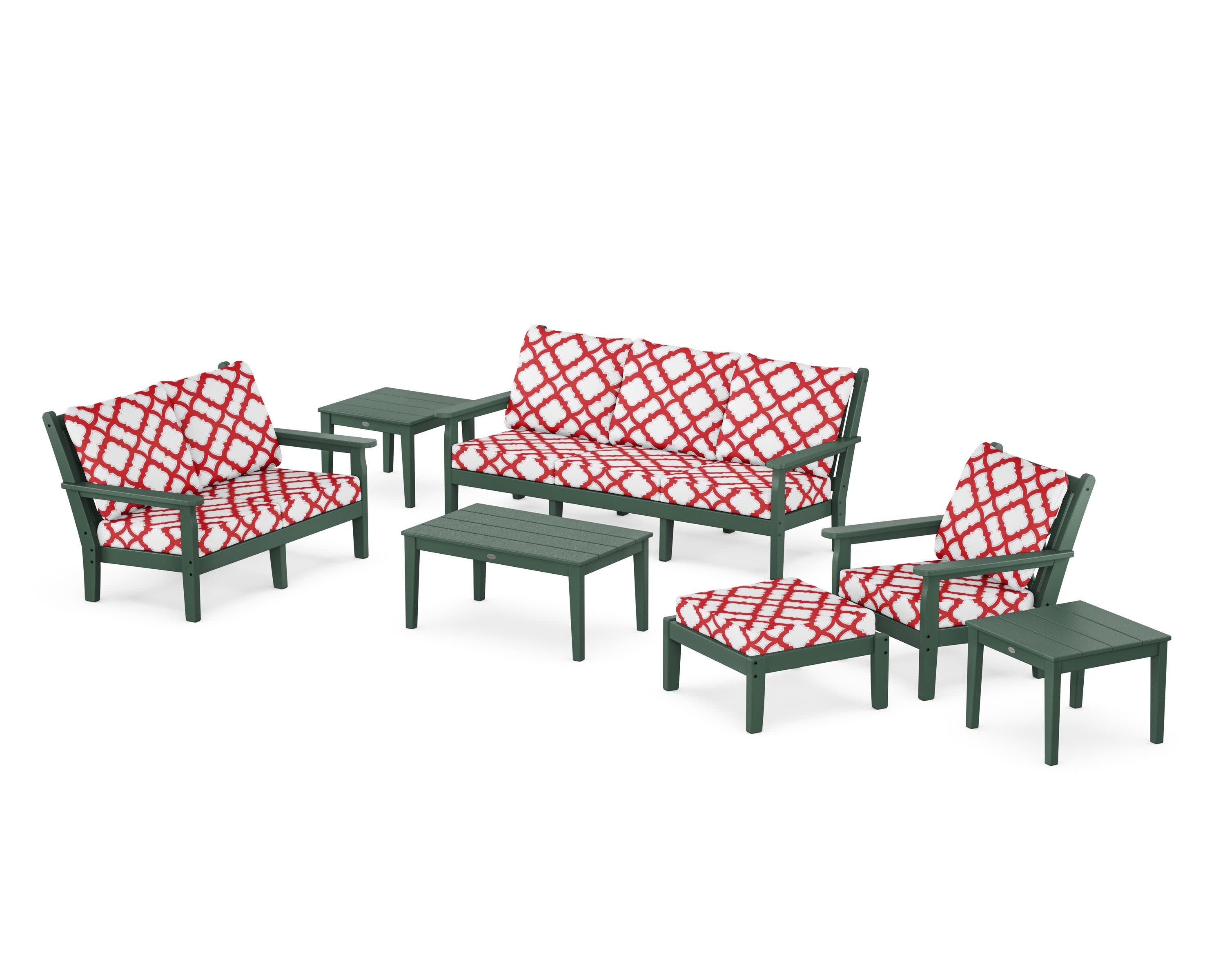 Chippendale 7-Piece Deep Seating Set in Green / Trellis Crimson