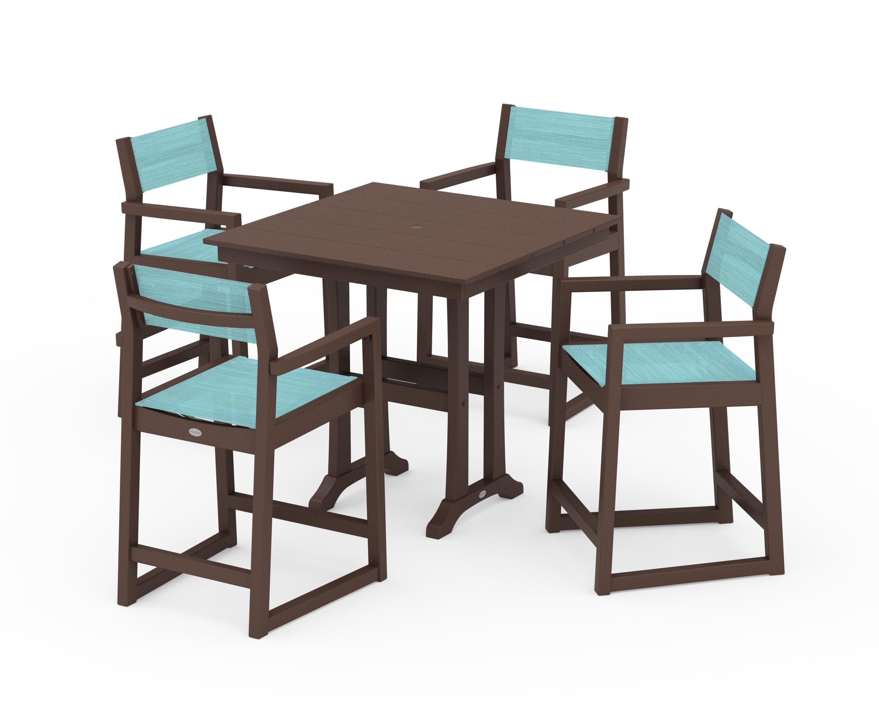 EDGE Sling Arm Chair 5-Piece Farmhouse Counter Set with Trestle Legs in Mahogany / Dupioni Aquamarine Sling