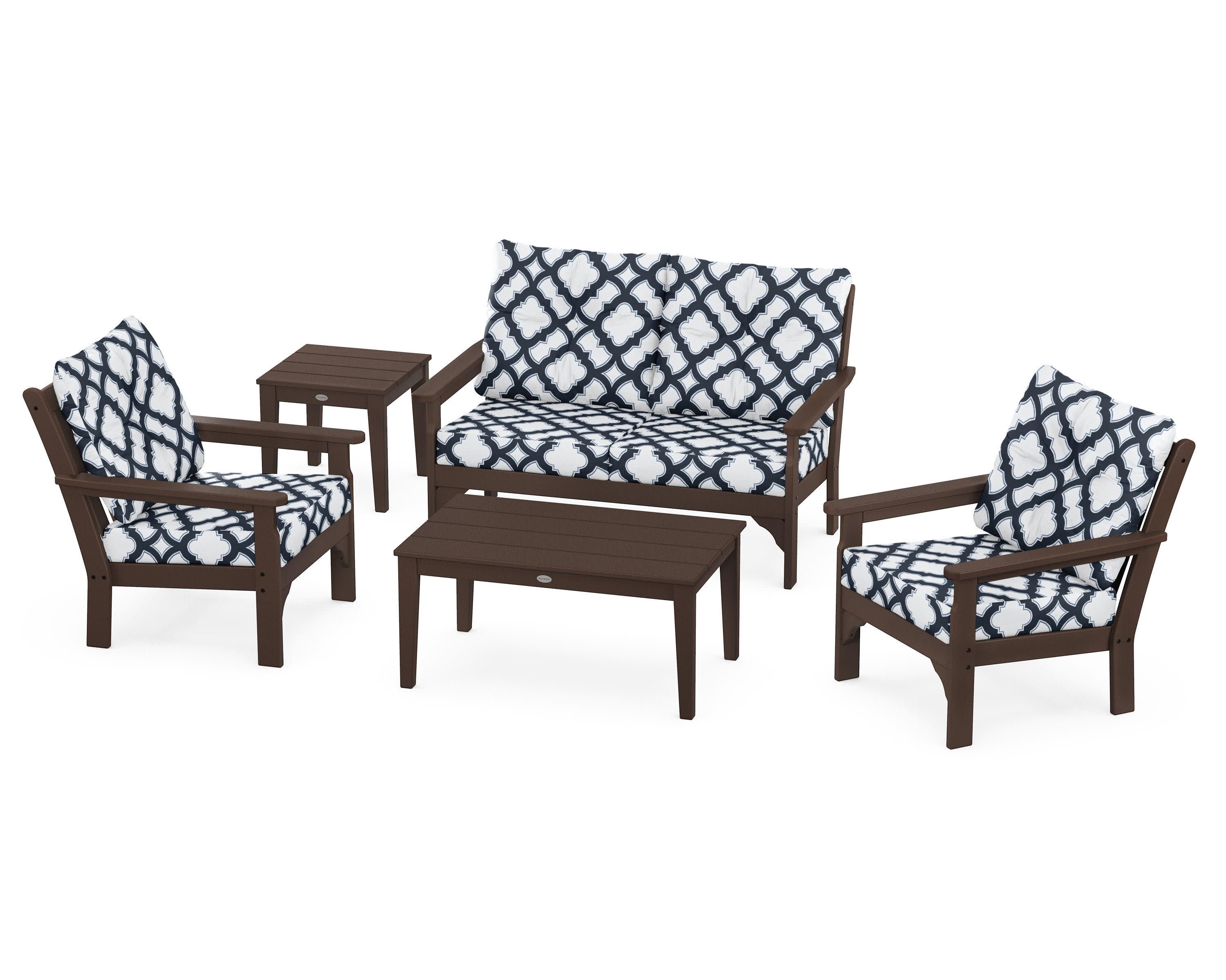 Vineyard 5-Piece Deep Seating Set in Mahogany / Trellis Marine Indigo