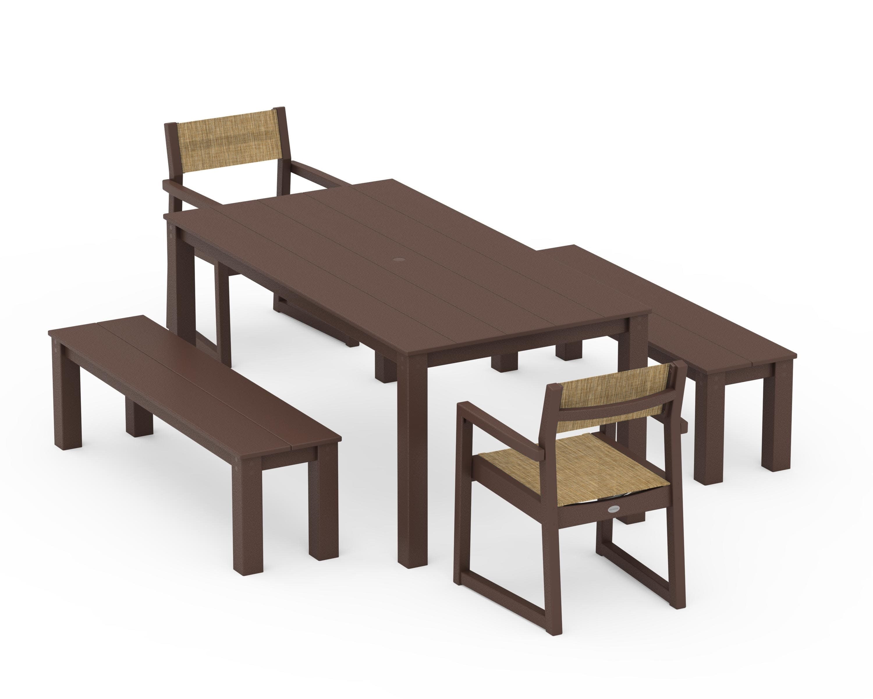 EDGE Sling Arm Chair 5-Piece Parsons Dining Set with Benches in Mahogany / Burlap Sling