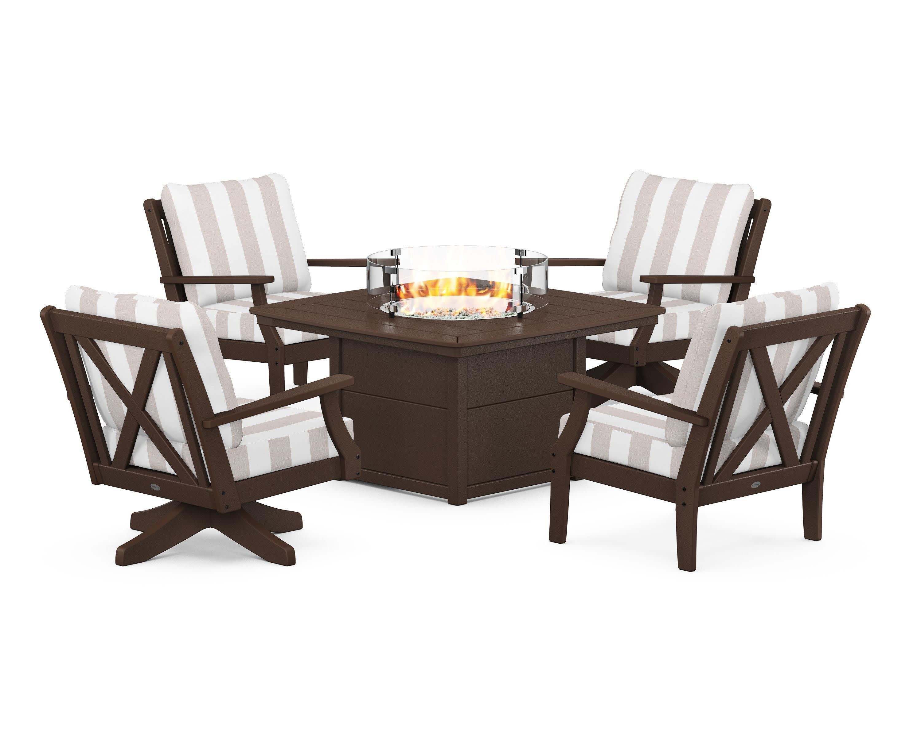 Braxton 5-Piece Deep Seating Set with Fire Table in Mahogany / Cabana Stripe Dune Burlap