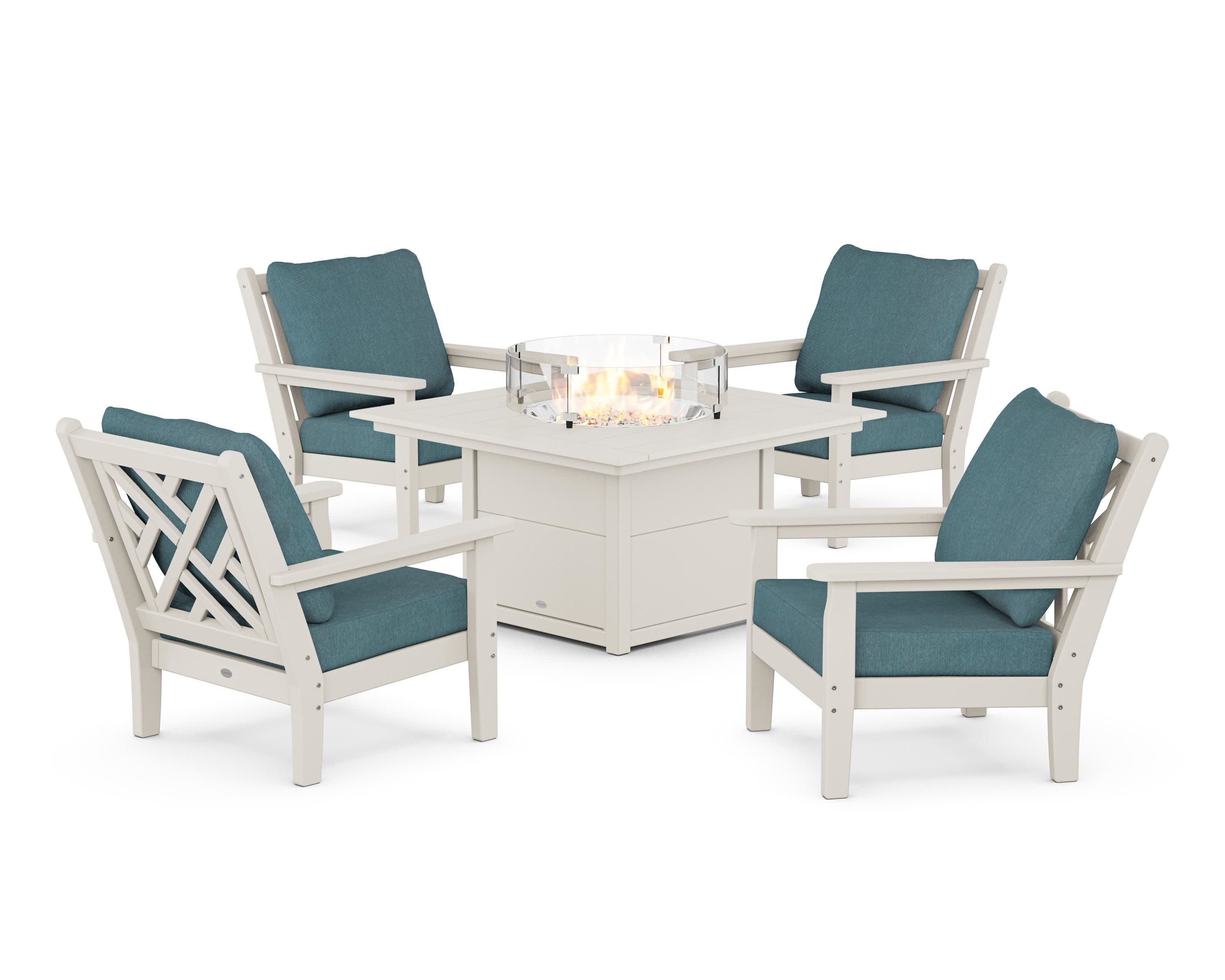 Chippendale 5-Piece Deep Seating Set with Fire Pit Table in Sand / Ocean Teal