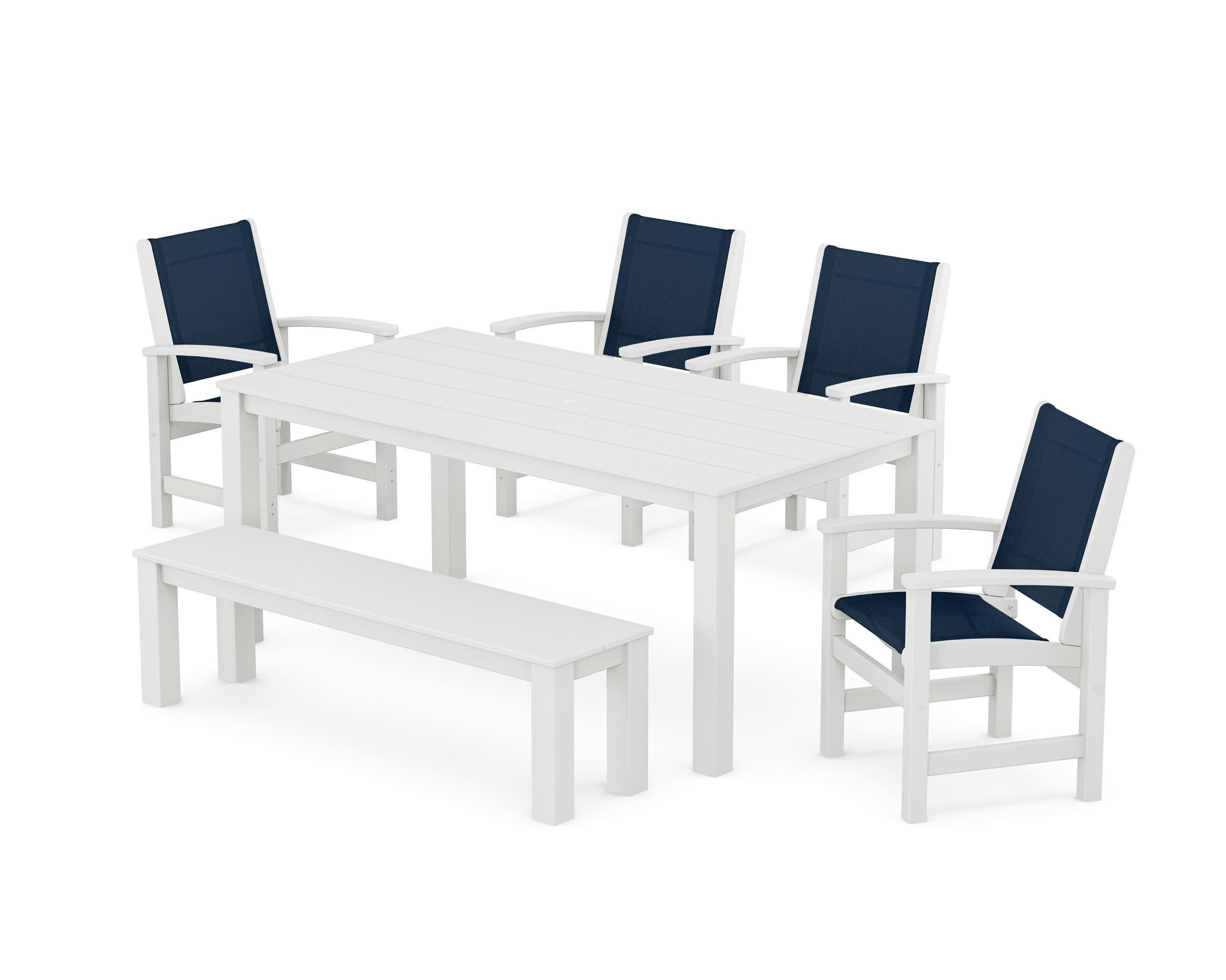 Coastal 6-Piece Parsons Dining Set with Bench in White / Navy Blue Sling