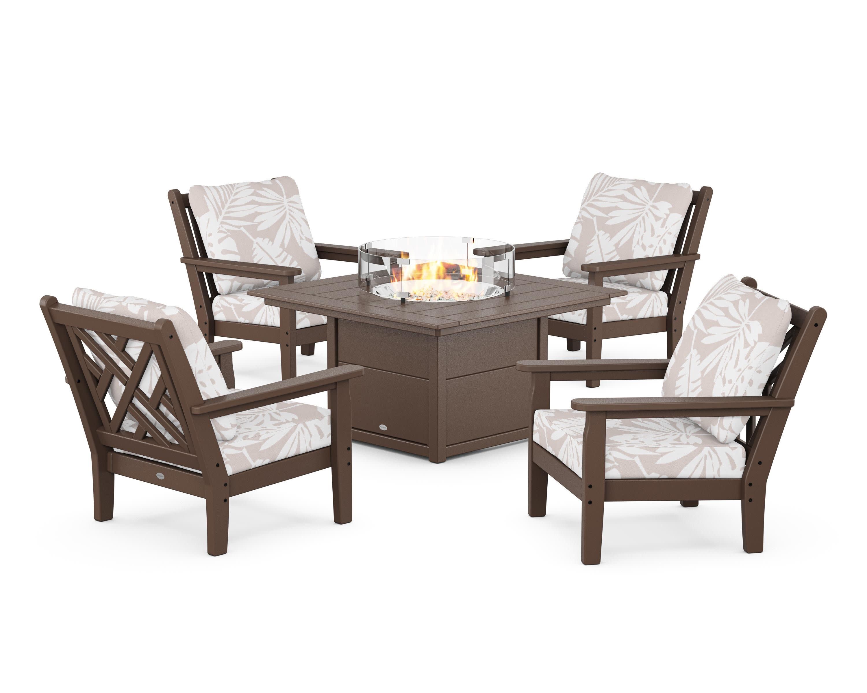 Chippendale 5-Piece Deep Seating Set with Fire Pit Table in Mahogany / Leaf Dune Burlap