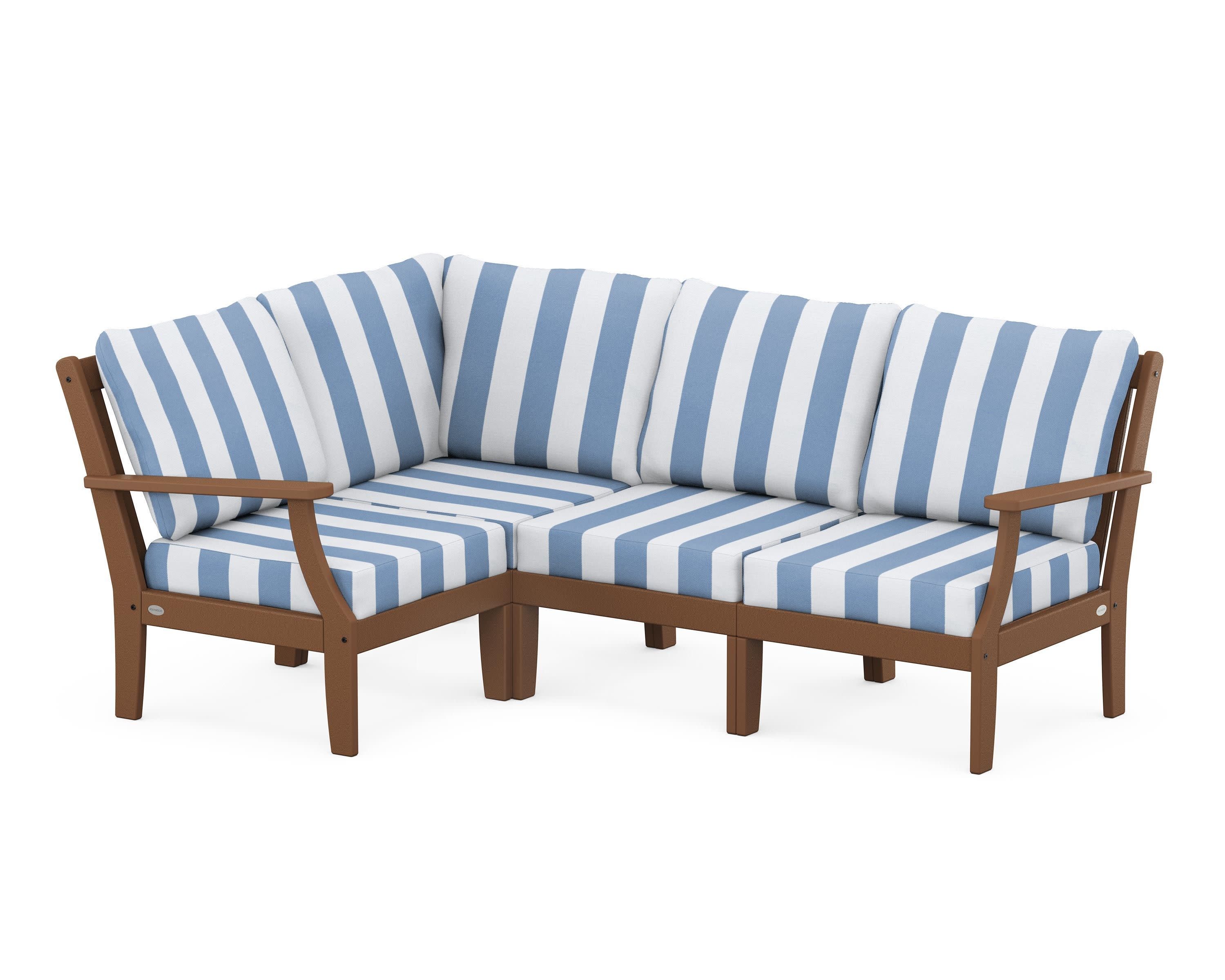 Braxton Modular 4-Piece Deep Seating Set in Teak / Cabana Stripe Sky Blue