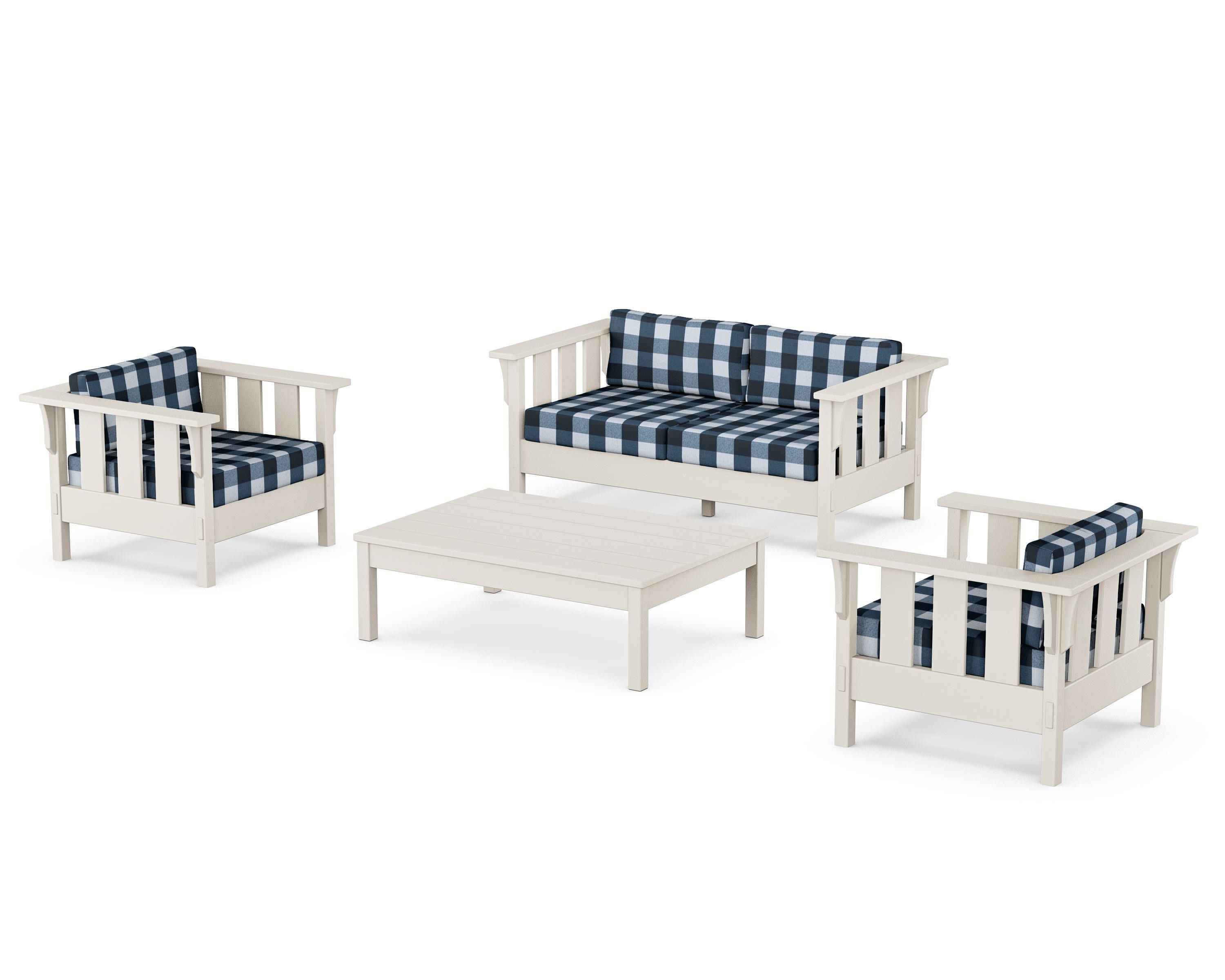 Acadia 4-Piece Deep Seating Set with Loveseat in Sand / Buffalo Plaid Marine Indigo