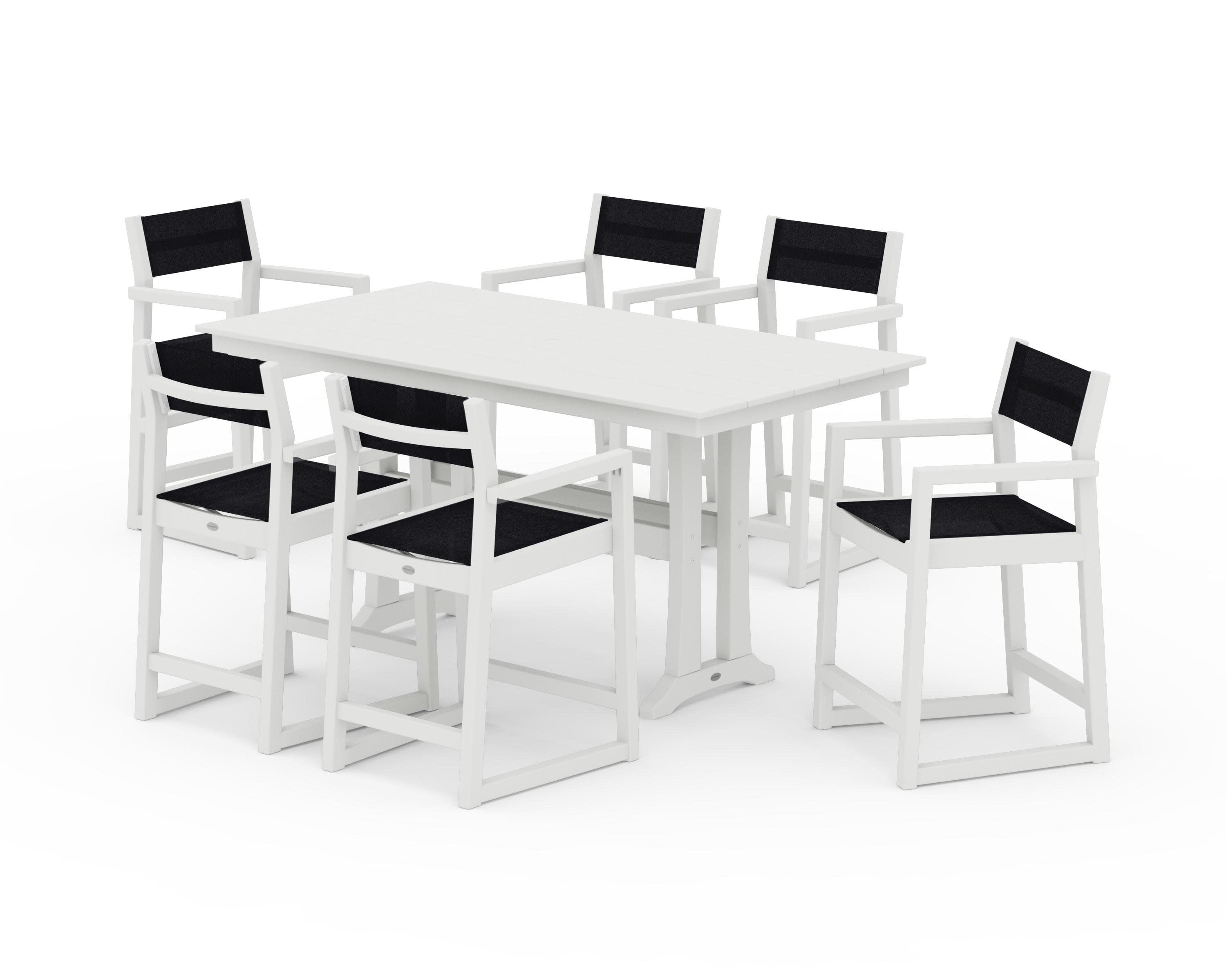 EDGE Sling Arm Chair 7-Piece Farmhouse Counter Set with Trestle Legs in Vintage White / Black Sling