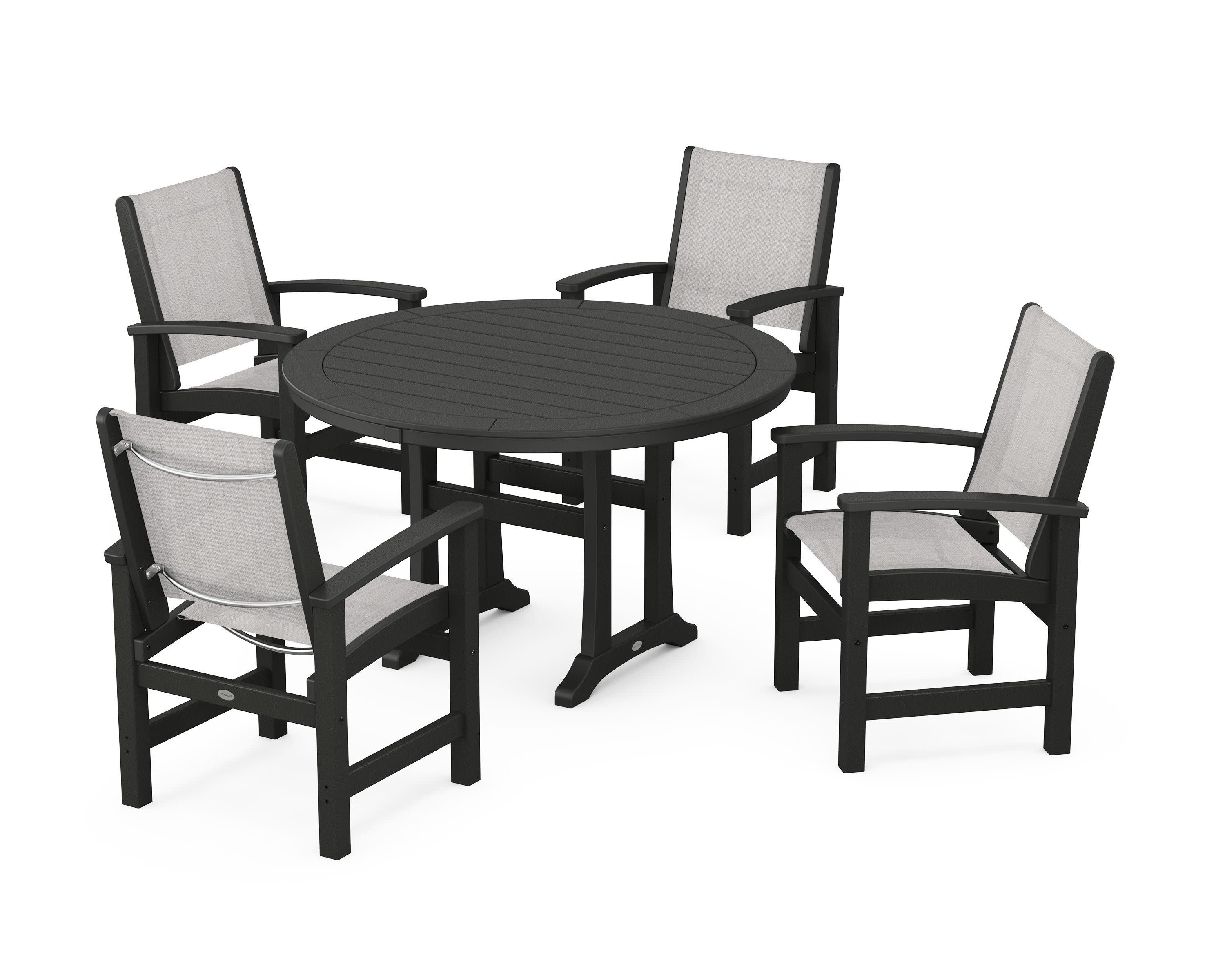 Coastal 5-Piece Round Dining Set with Trestle Legs in Black / Parchment Sling