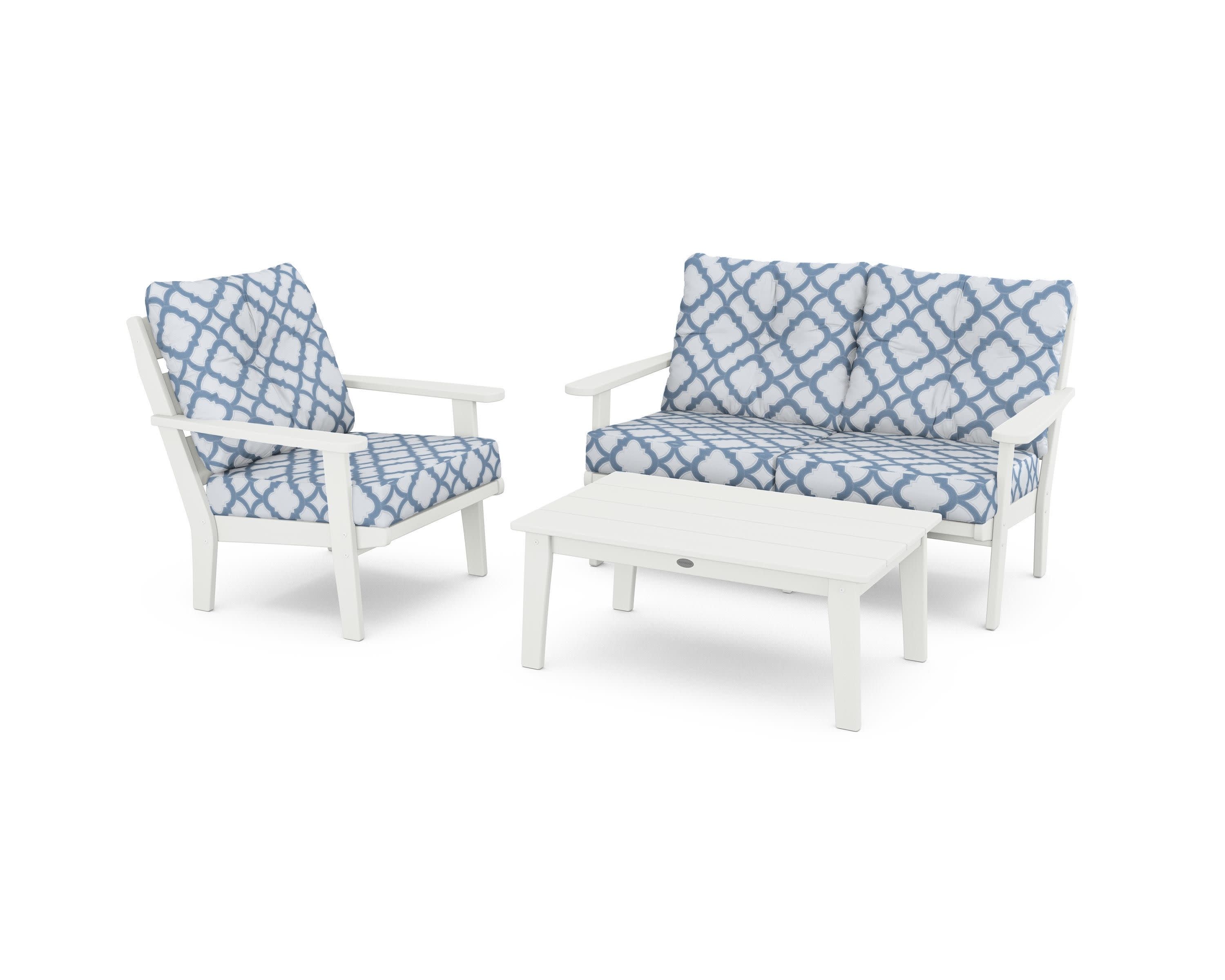 Lakeside 3-Piece Deep Seating Set in Vintage White / Trellis Sky Blue