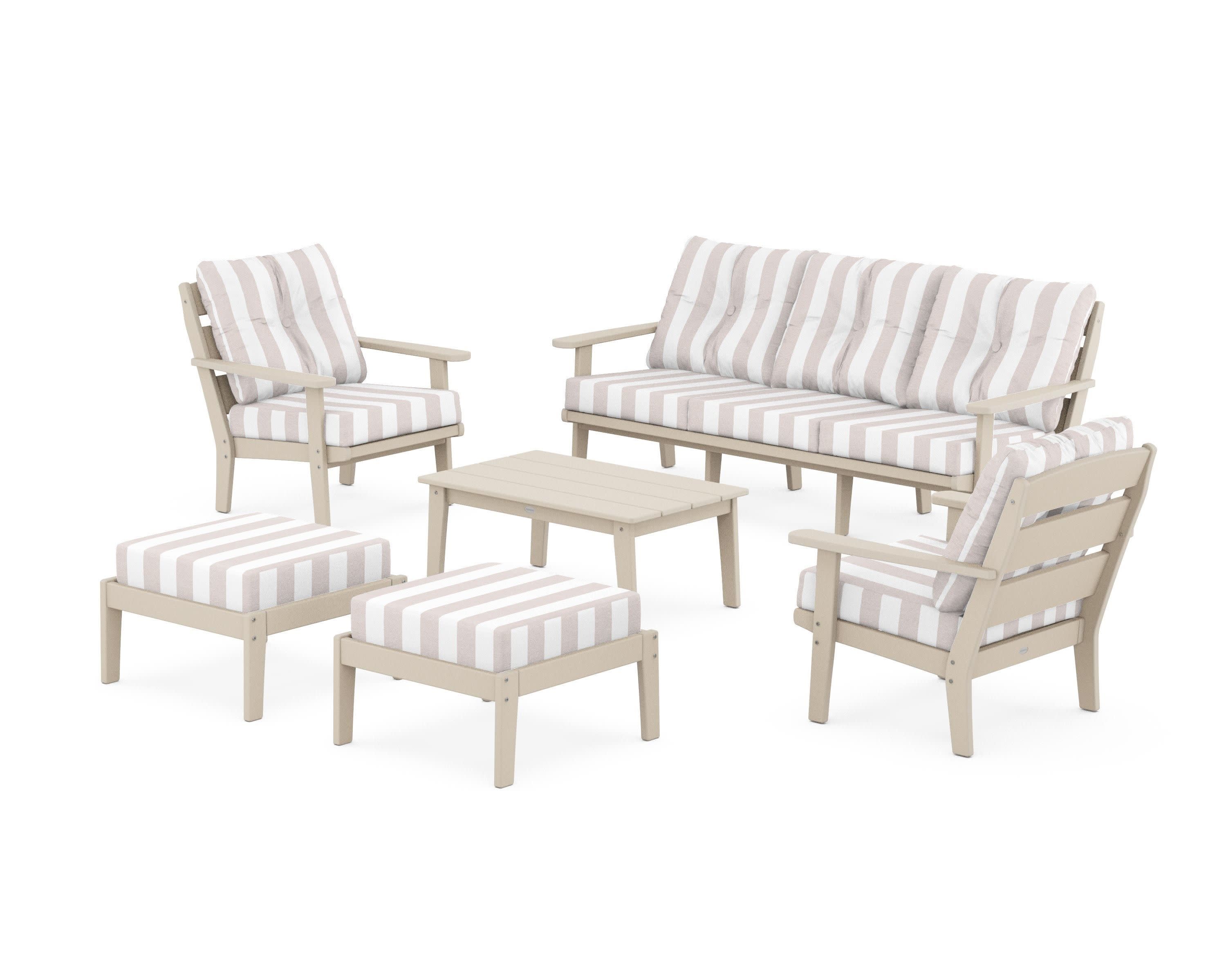 Lakeside 6-Piece Lounge Sofa Set in Sand / Cabana Stripe Dune Burlap