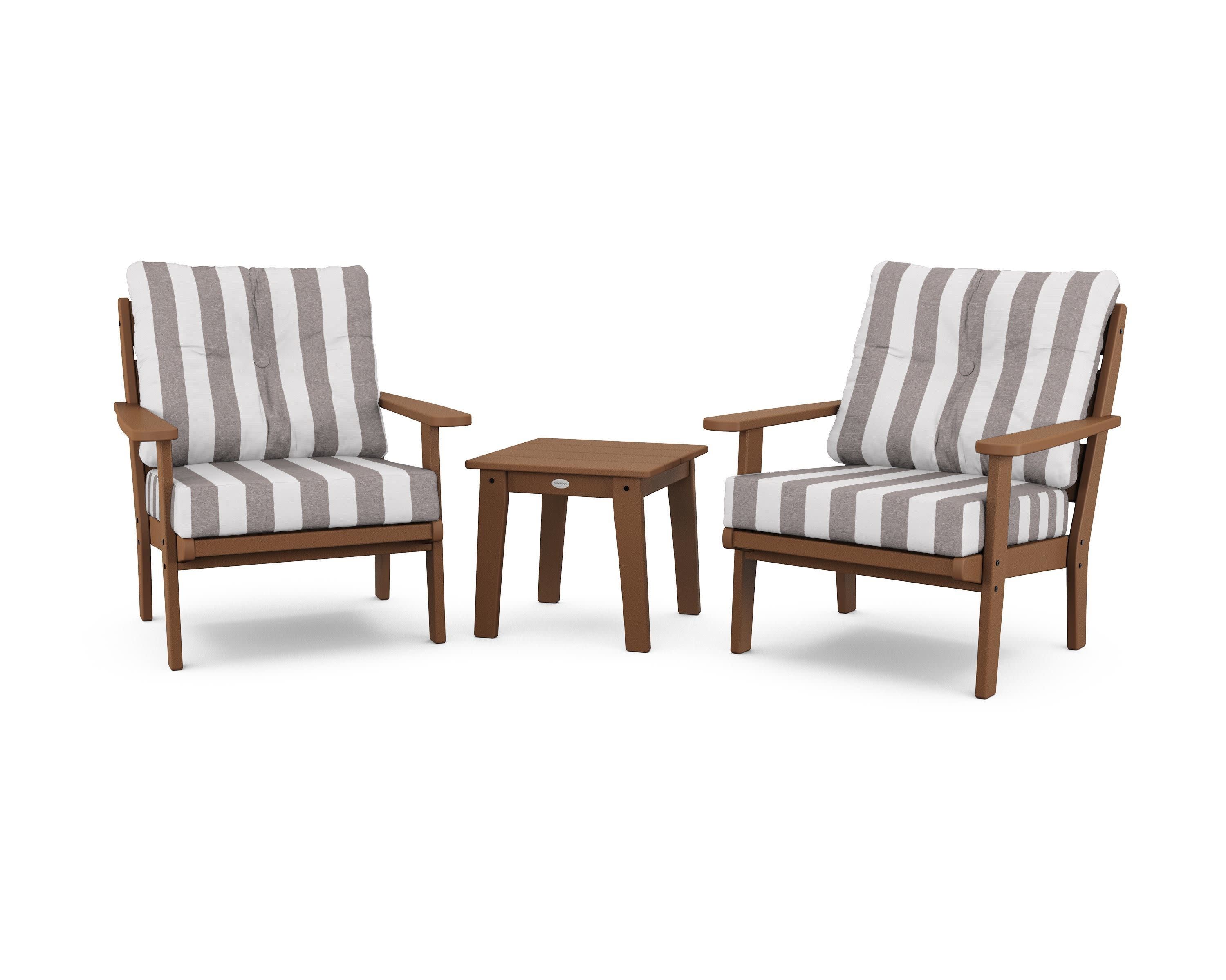 Lakeside 3-Piece Deep Seating Chair Set in Teak / Cabana Stripe Grey Mist