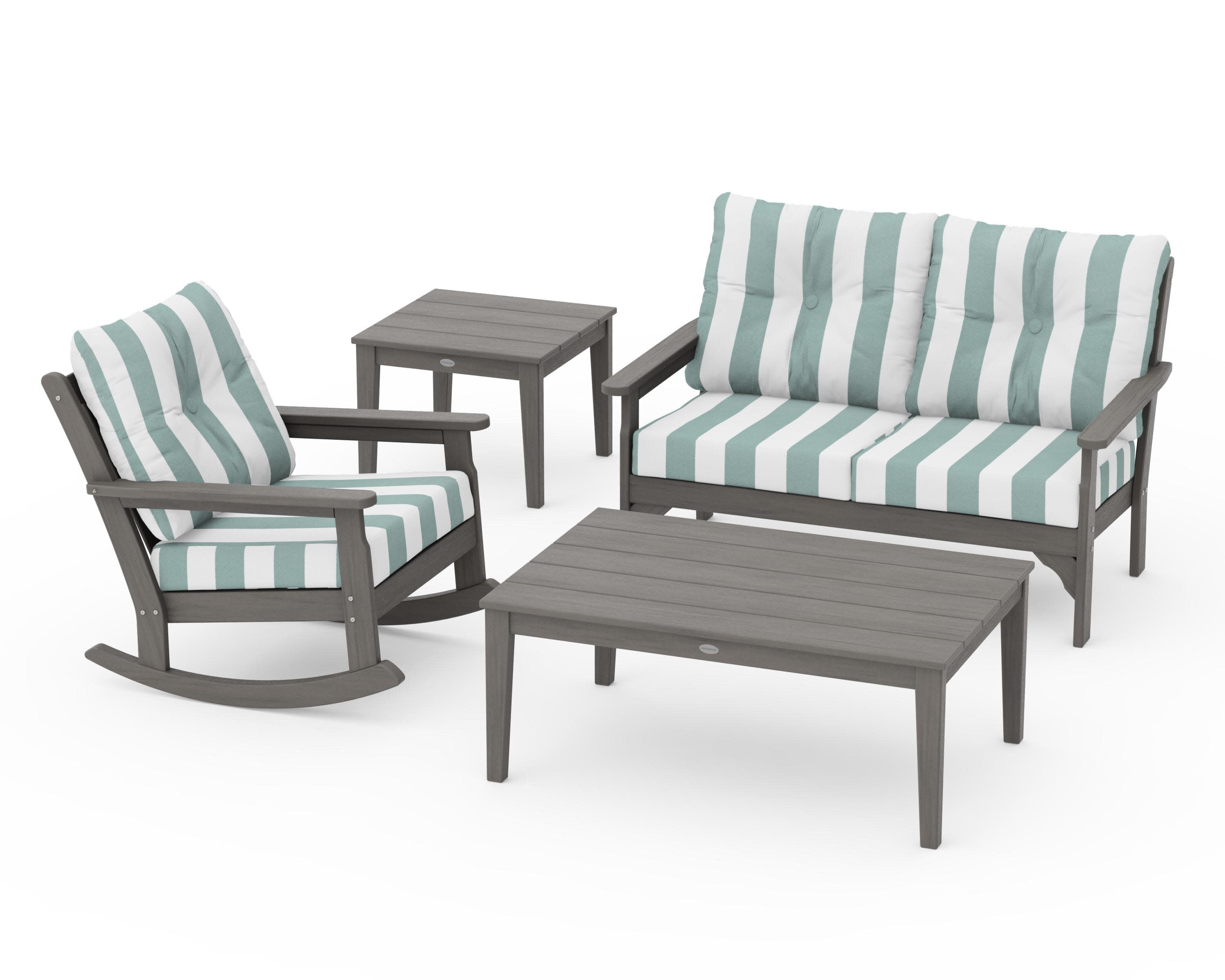 Vineyard 4-Piece Deep Seating Rocker Set in Driftwood / Cabana Stripe Glacier Spa