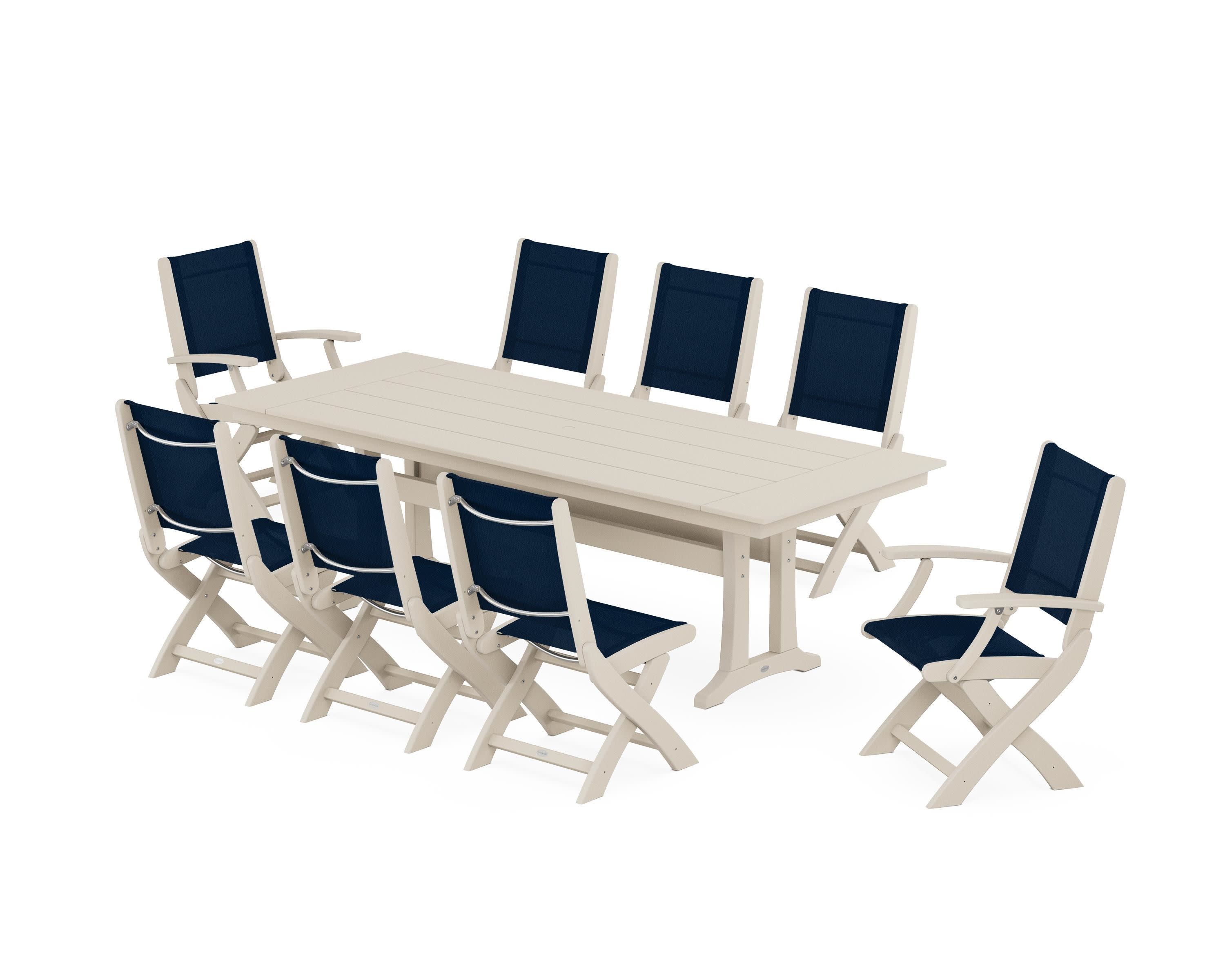 Coastal 9-Piece Folding Dining Chair Farmhouse Dining Set with Trestle Legs in Sand / Navy Blue Sling