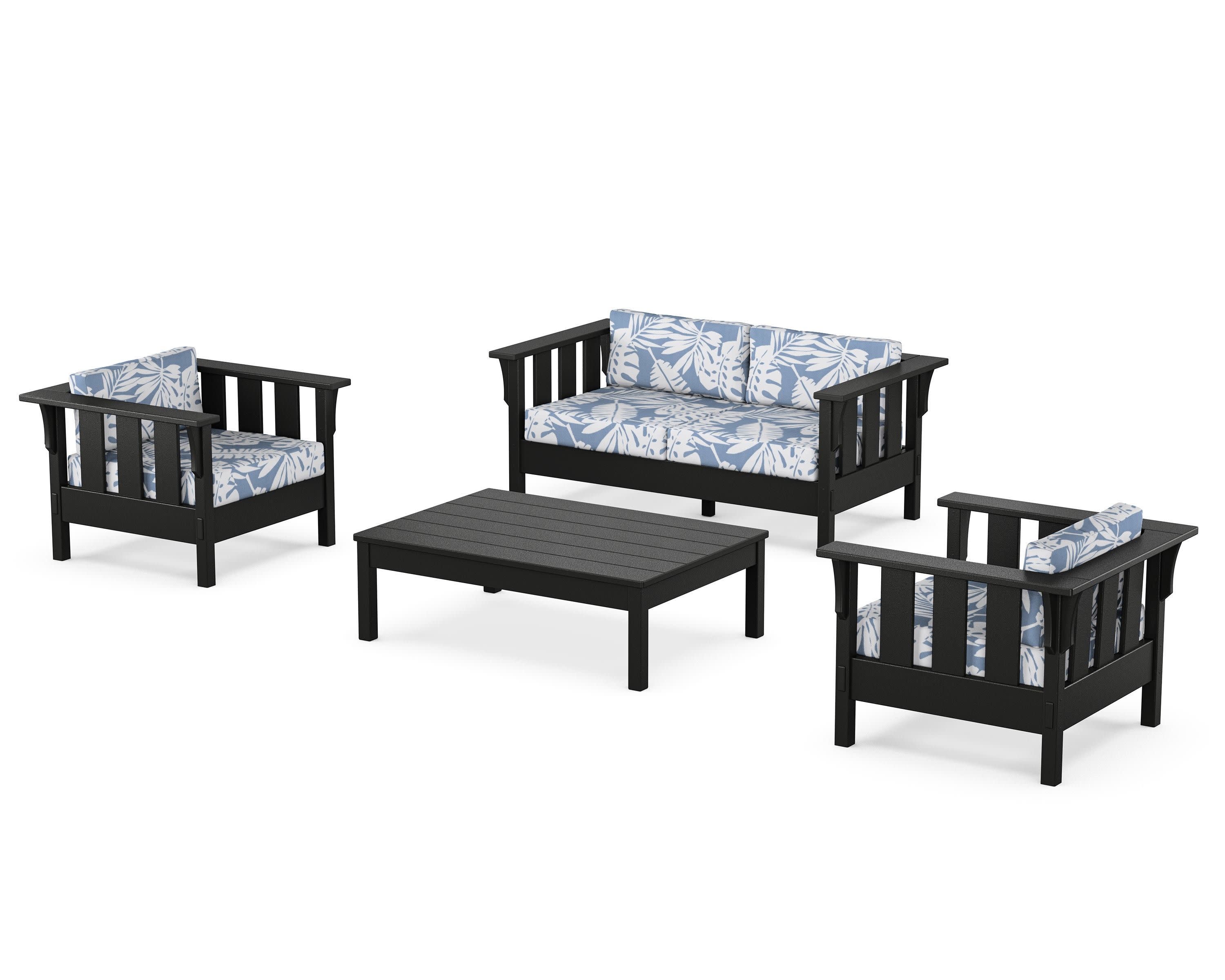 Acadia 4-Piece Deep Seating Set with Loveseat in Black / Leaf Sky Blue