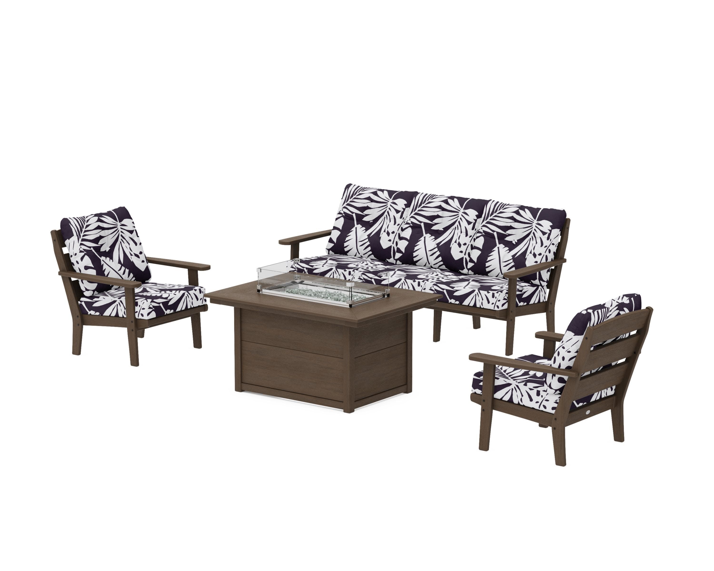 Lakeside Deep Seating Fire Pit Table Set in Kona / Leaf Navy