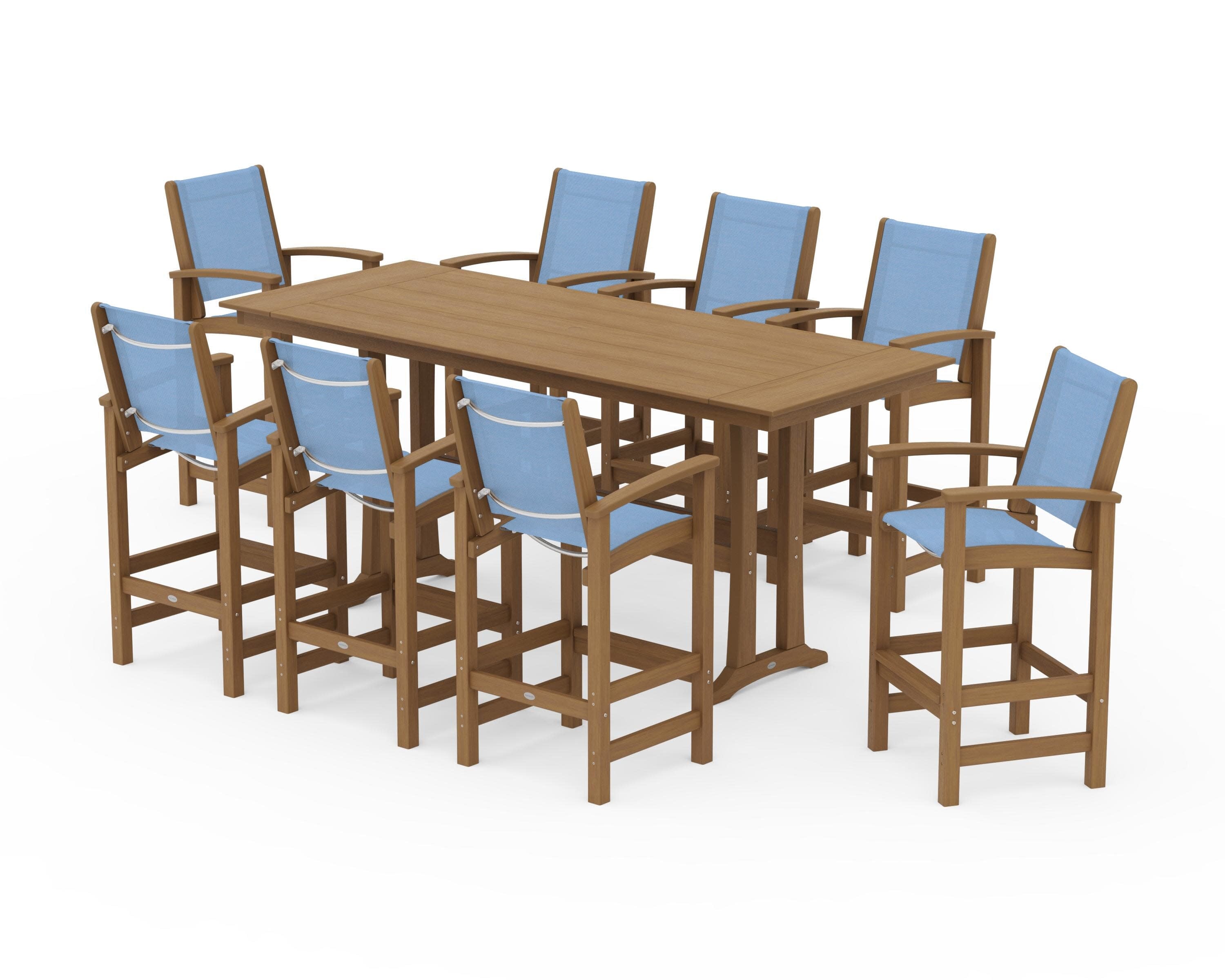 Coastal 9-Piece Farmhouse Bar Set with Trestle Legs in Natural / Poolside Sling