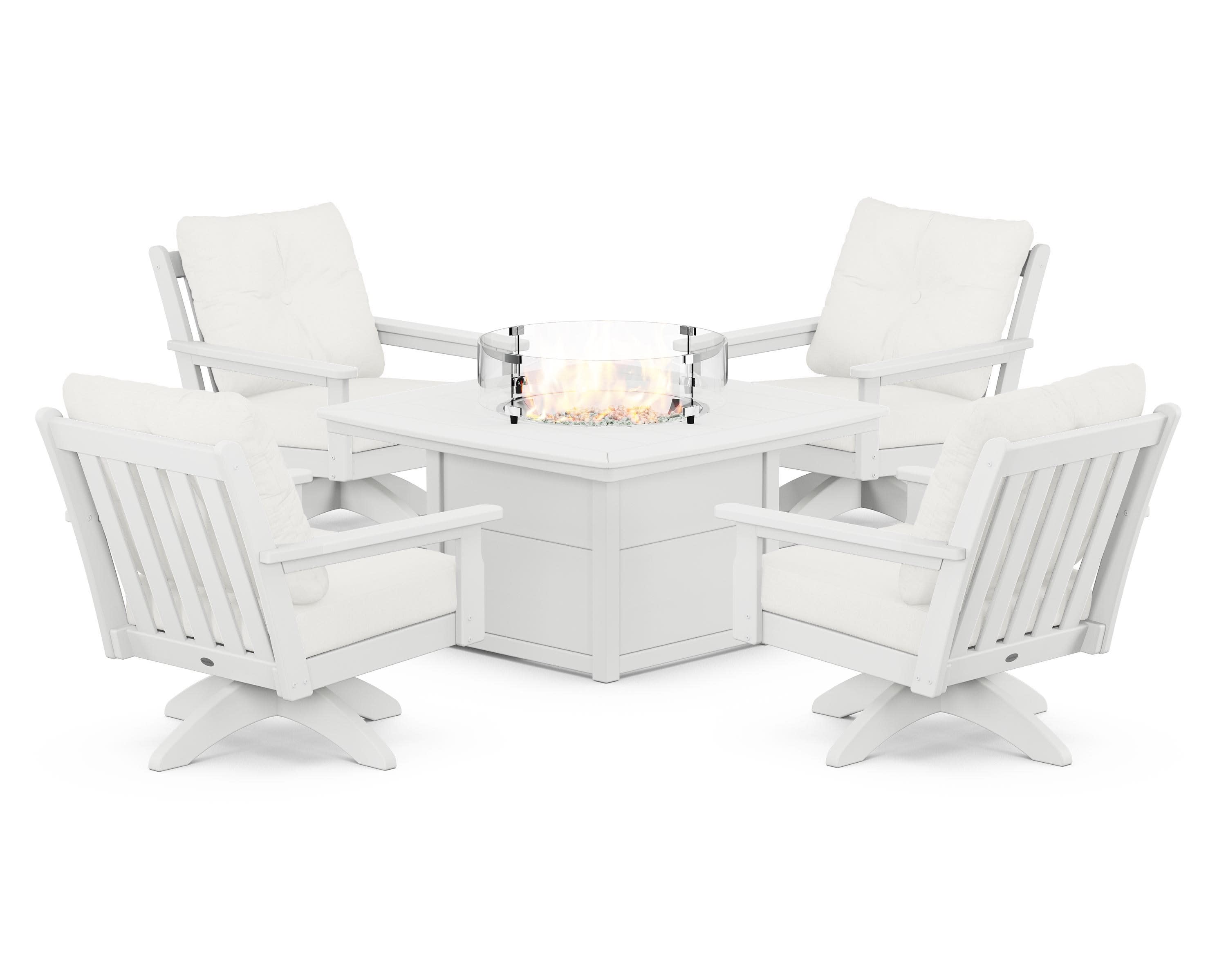 Vineyard 5-Piece Deep Seating Swivel Conversation Set with Fire Pit Table in White / Natural Linen