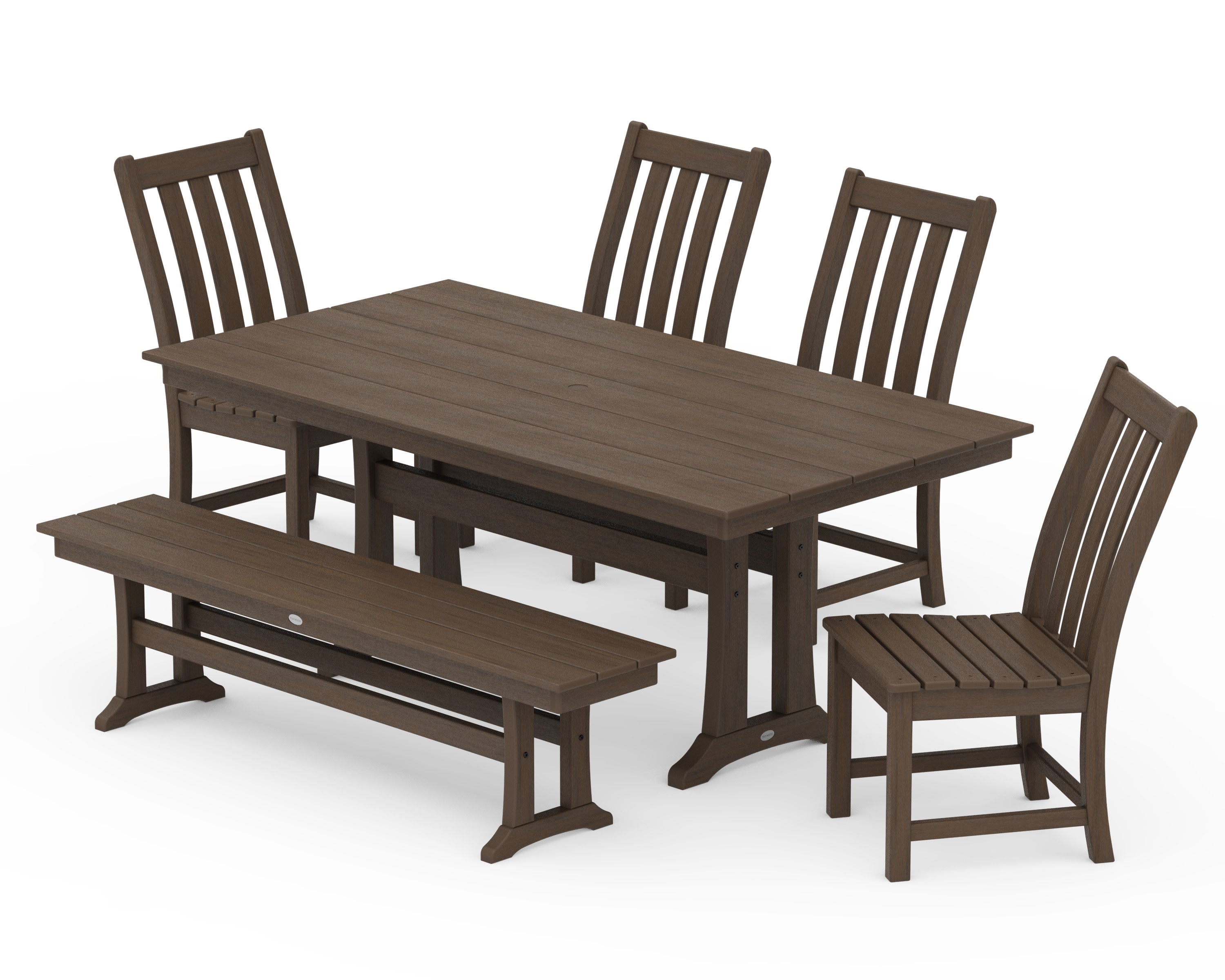 Vineyard Side Chair 6-Piece Farmhouse Dining Set with Trestle Legs and Bench in Kona